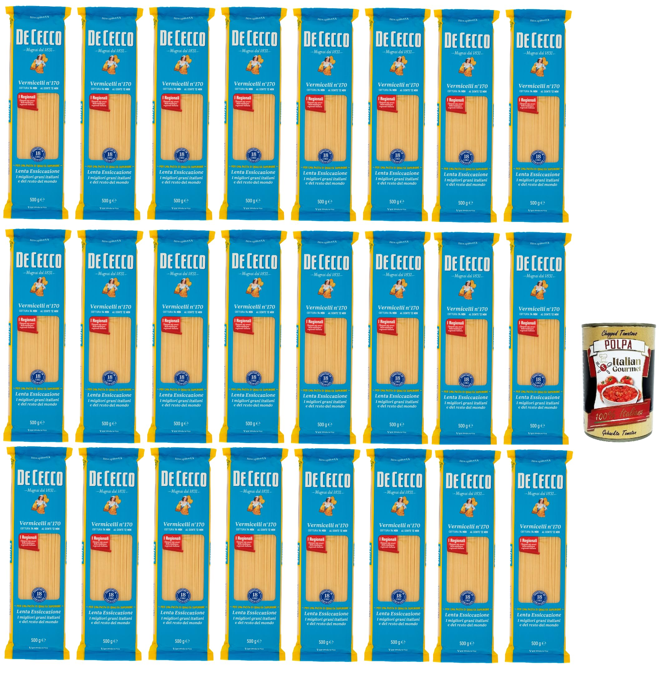 De Cecco Vermicelli n° 170, pasta 24 x 500 g, secado lento, sémola de trigo duro de calidad superior, cocción 14 min (al diente 12), ideales salsas de tomate y mariscos + italian Gourmet polpa 400 g