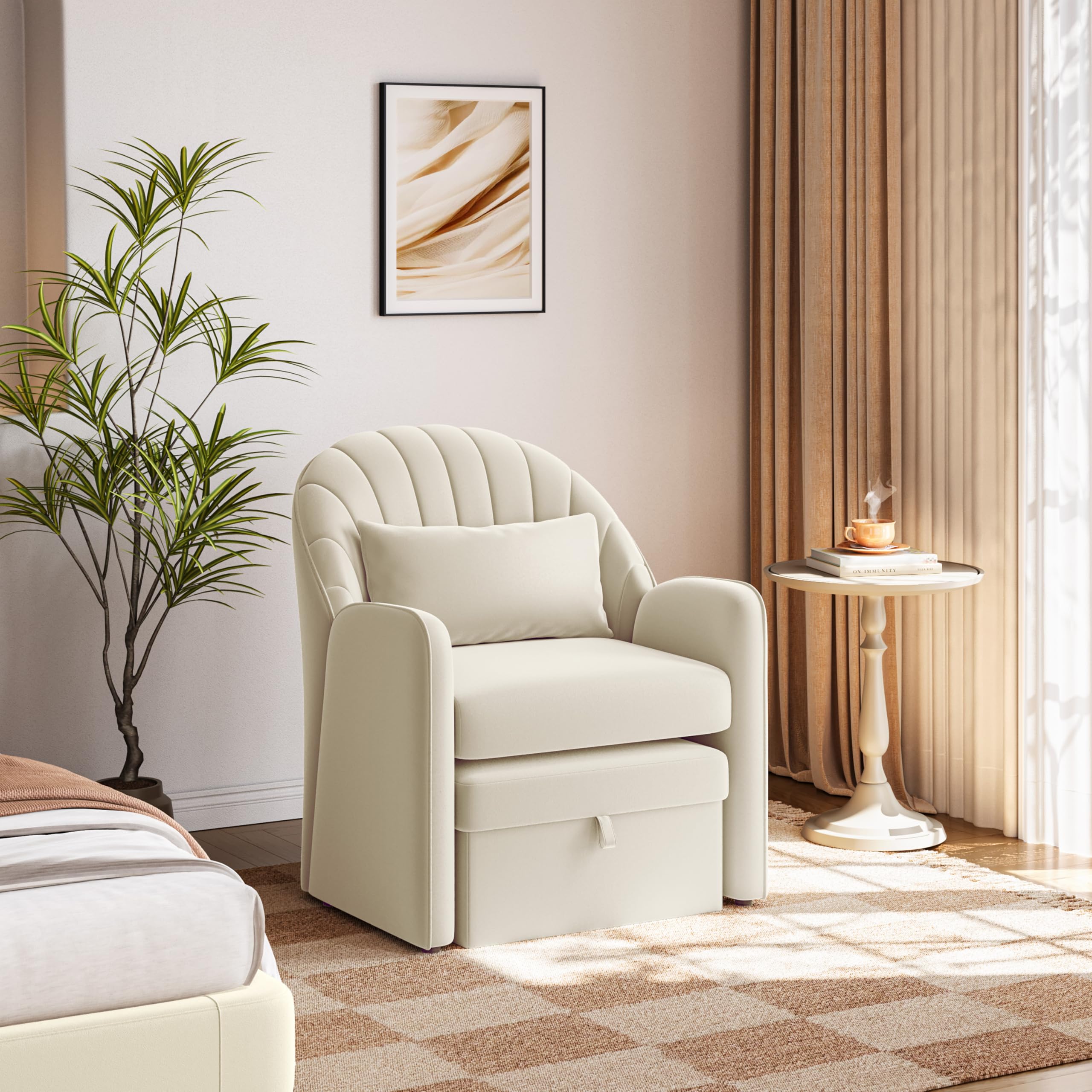Yaheetech Sillón Relax de Diseño Floral con Reposapiés Almacenamiento Beige | Sillón Lectura para Salón y Sala de Estar, y una Almohada, Carga de 136 kg, Apto para Espacios Reducidos