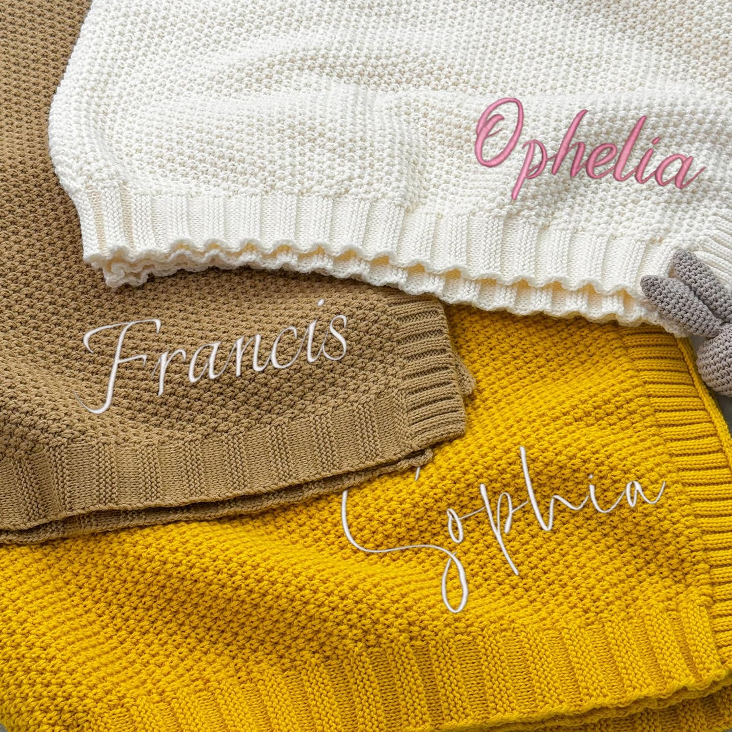 Personalized Knit Baby Name Blanket, Custom Baby Blanket with Embroidery, Soft Cotton Knitted Nursery Blanket, Car Seat Blanket, Strollers Blanket for Newborn Boy Girl