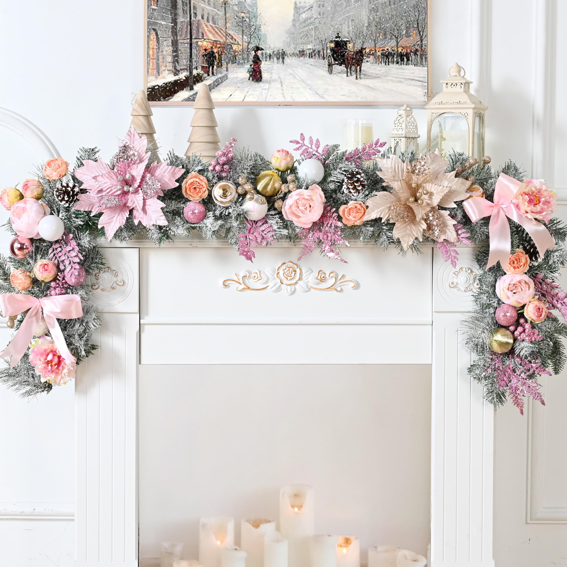 Guirlande de Noël rose lumineuse pré-décorée avec boules et fleurs