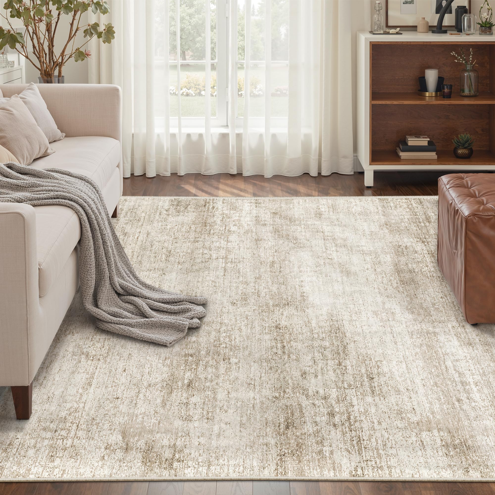 5x7 Area Rugs for Living Room, Modern Abstract Bedroom Rugs,Stain Resistant 5x7 Rug, Non-Slip Backing Rugs for Bathroom,Light Brown