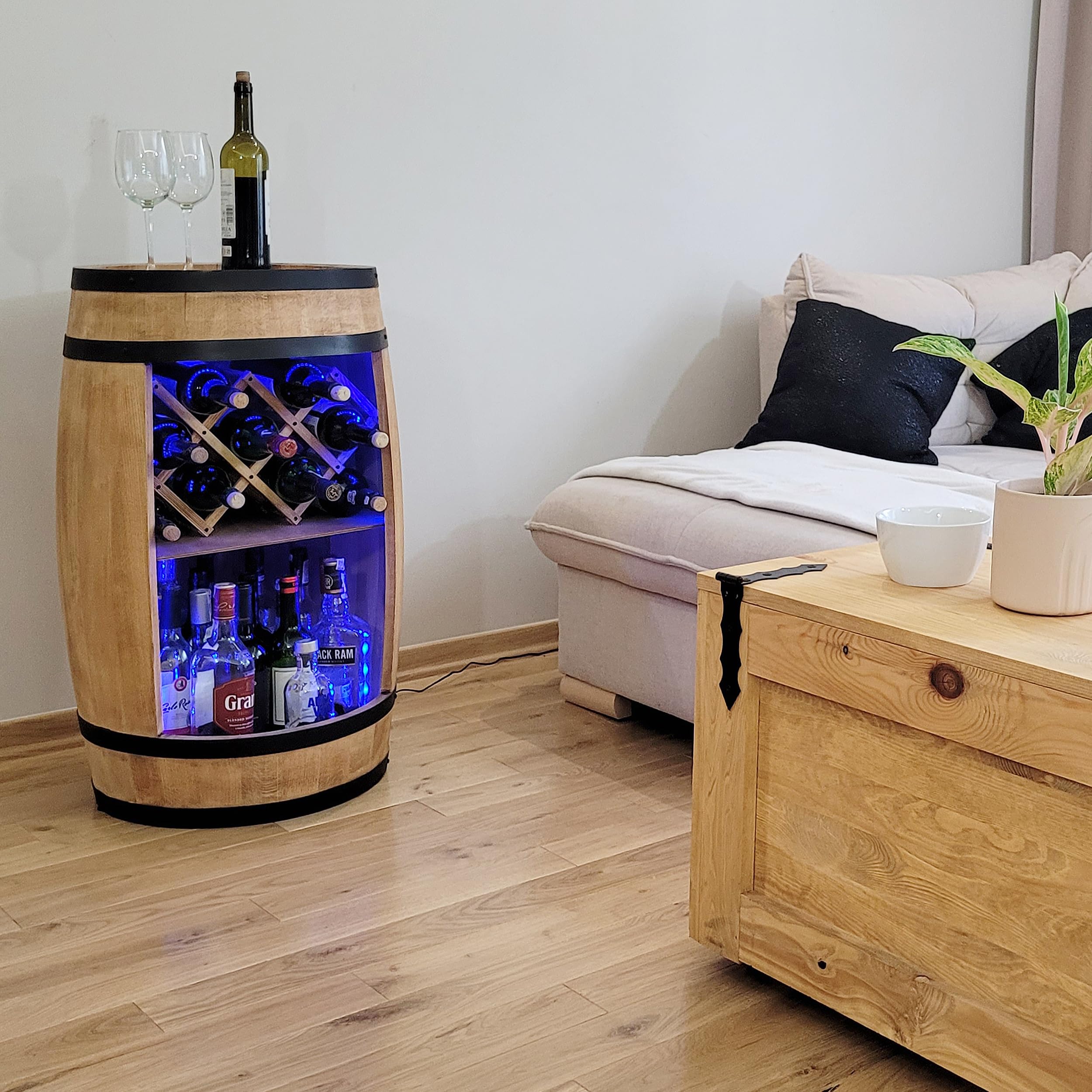 WEECO Barile in legno con portabottiglie con luci a LED RGB, Porta vino, Casa bar, Portabottiglie per whiskybar, regalo per uomo, Botte in legno per bottiglie di alcolici, Botte Di whisky Grappa 80cm