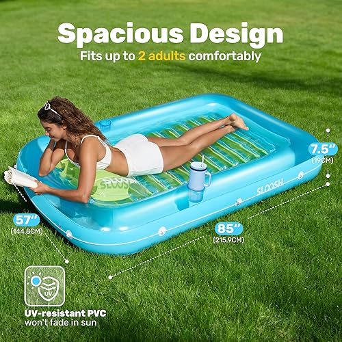 Miniatura 2 de SLOOSH Flotador inflable para adultos, con almohada, 216 x 145 cm, 4 en 1: balsa estilo tina bronceadora, camastro para tomar el sol, para fiestas