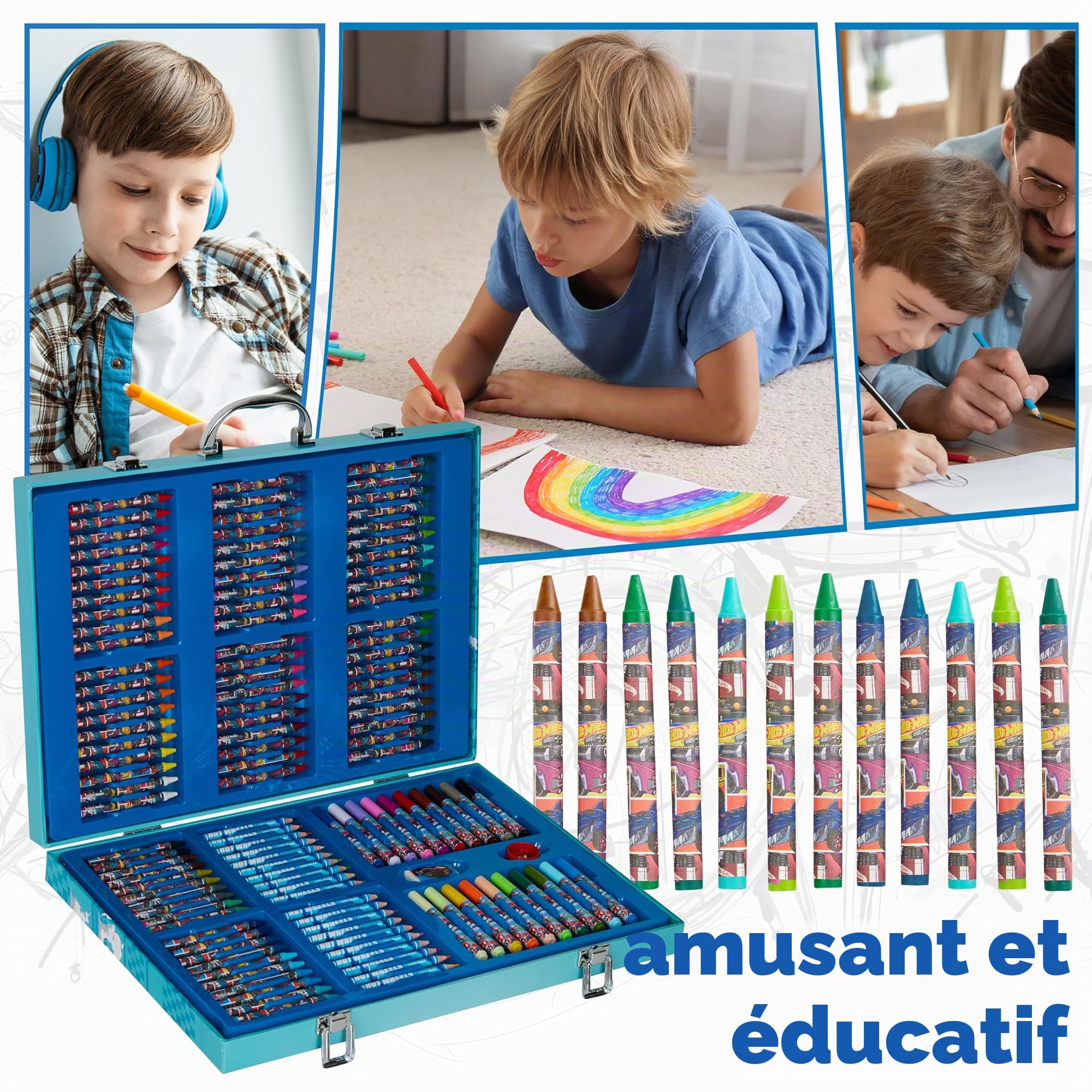 Hot Wheels Coffret Enfant, Kit Dessin et Coloriage Feutres Lavables, crayons de couleur Cire, Stickers, Boîte de Rangement 130+ Pièces