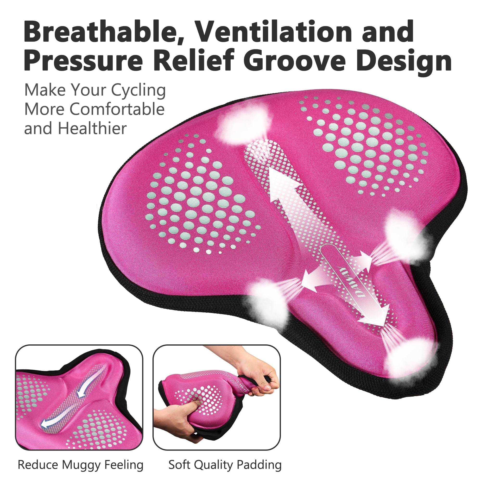 DAWAY C9 Coussin de siège de vélo Confortable Extra Large rembourré en Gel de Mousse pour Homme et Femme, Convient pour Peloton, Exercice d'intérieur Stationnaire, Selle de vélo en Plein air, Rose