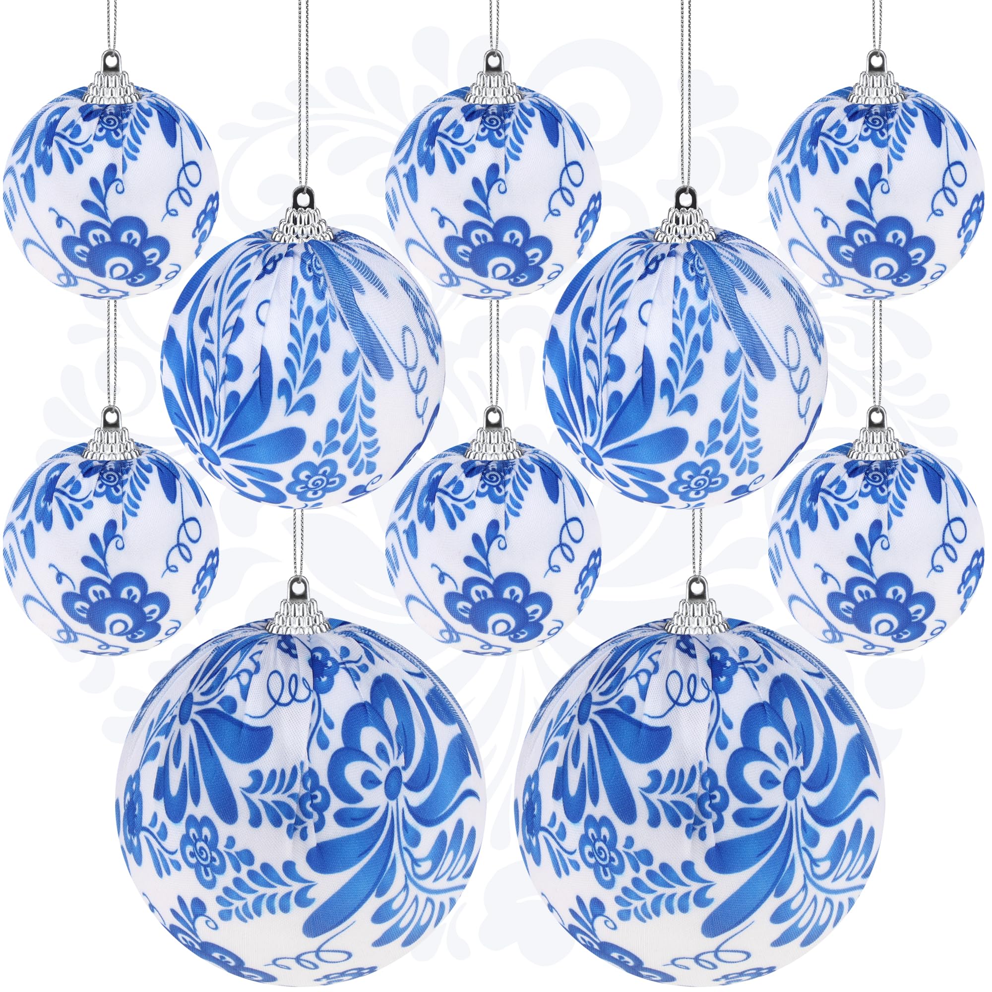 Gresorth 10 Pcs Blue and White Chinoiserie Christmas Ornament Christmas Chinoiserie Decor Hanging Ball Fabric Bauble Decoration Shatterproof Sphere