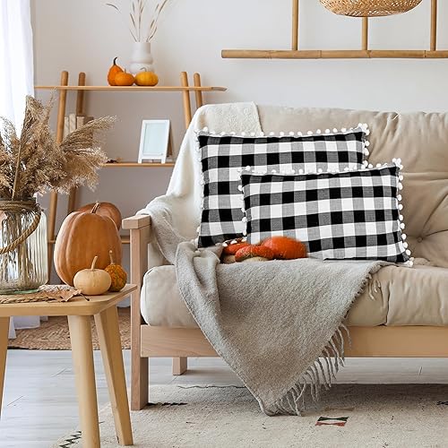 ZJDECOR Juego de 2 fundas de almohada con pompones, fundas de almohada decorativas con pompones, fundas de cojín decorativas para sofá, 12 x 20