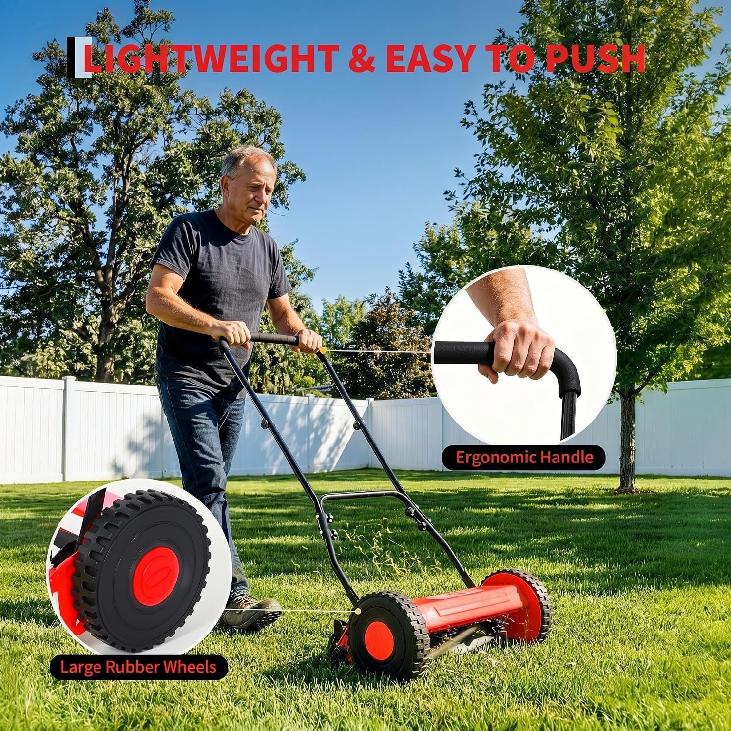 14" Push Lawn Mower, Manual Hand Push Lawn Mower Without Grass Catcher, Lightweight & Portable Walk-Behind Mower for Small Yards, Garden & Patio