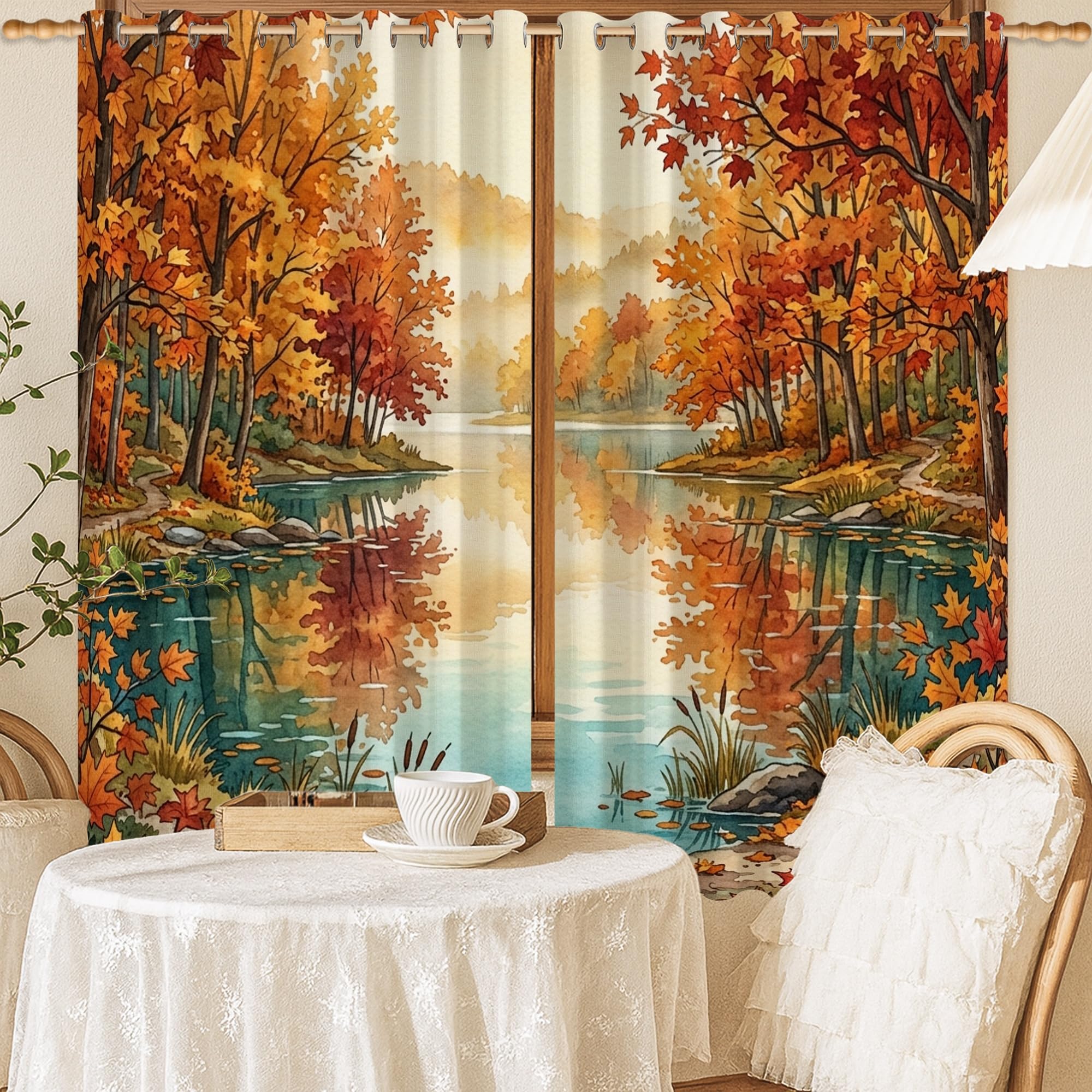 Rideaux occultants sans plis motif arbres lac pour salon lumineux