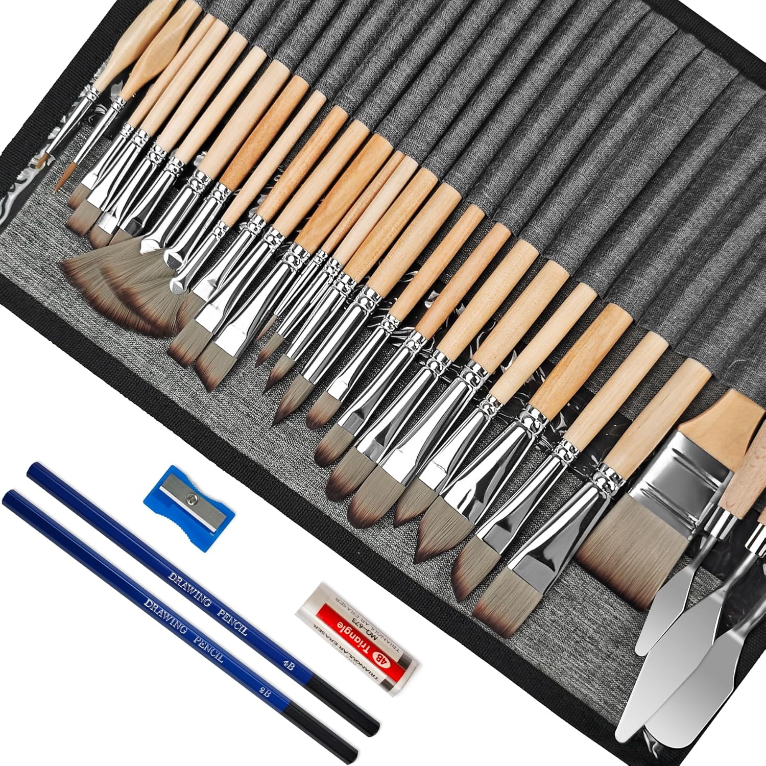 Bougimal 33 PCS Paint Brush Set with Case, Artist Upgrade Series, Premium Import Nylon Brush Set with Palette Knife, Various Types of Brushes, Pencil & Sharpener for Acrylic Painting, Oil, Watercolor