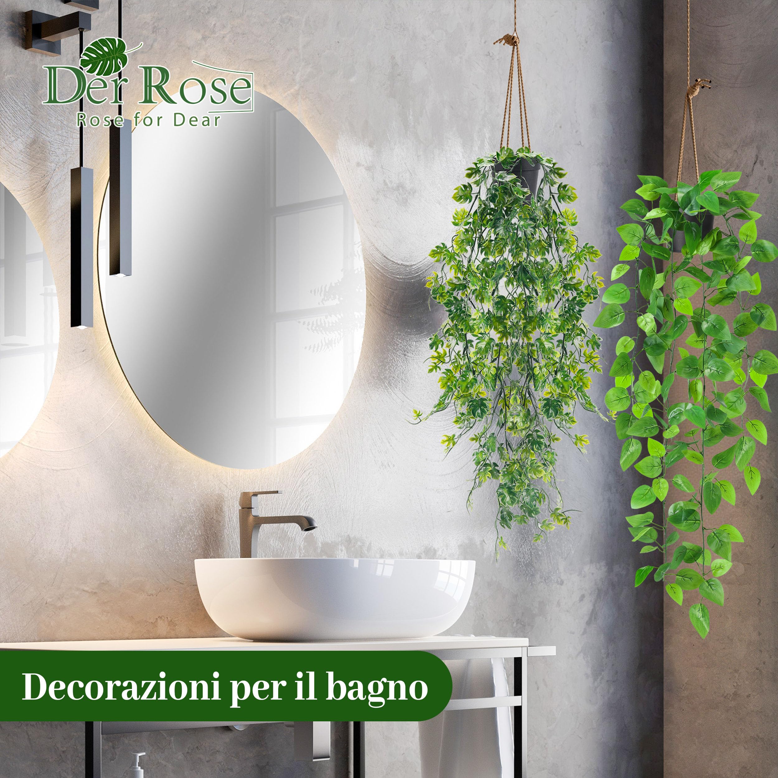 Der Rose 8 piante finte da appendere, edera rampicante artificiale, eucalipto, piante da appendere per la casa, stile bohémien, mensola da parete, decorazione per interni ed esterni (vasi neri)