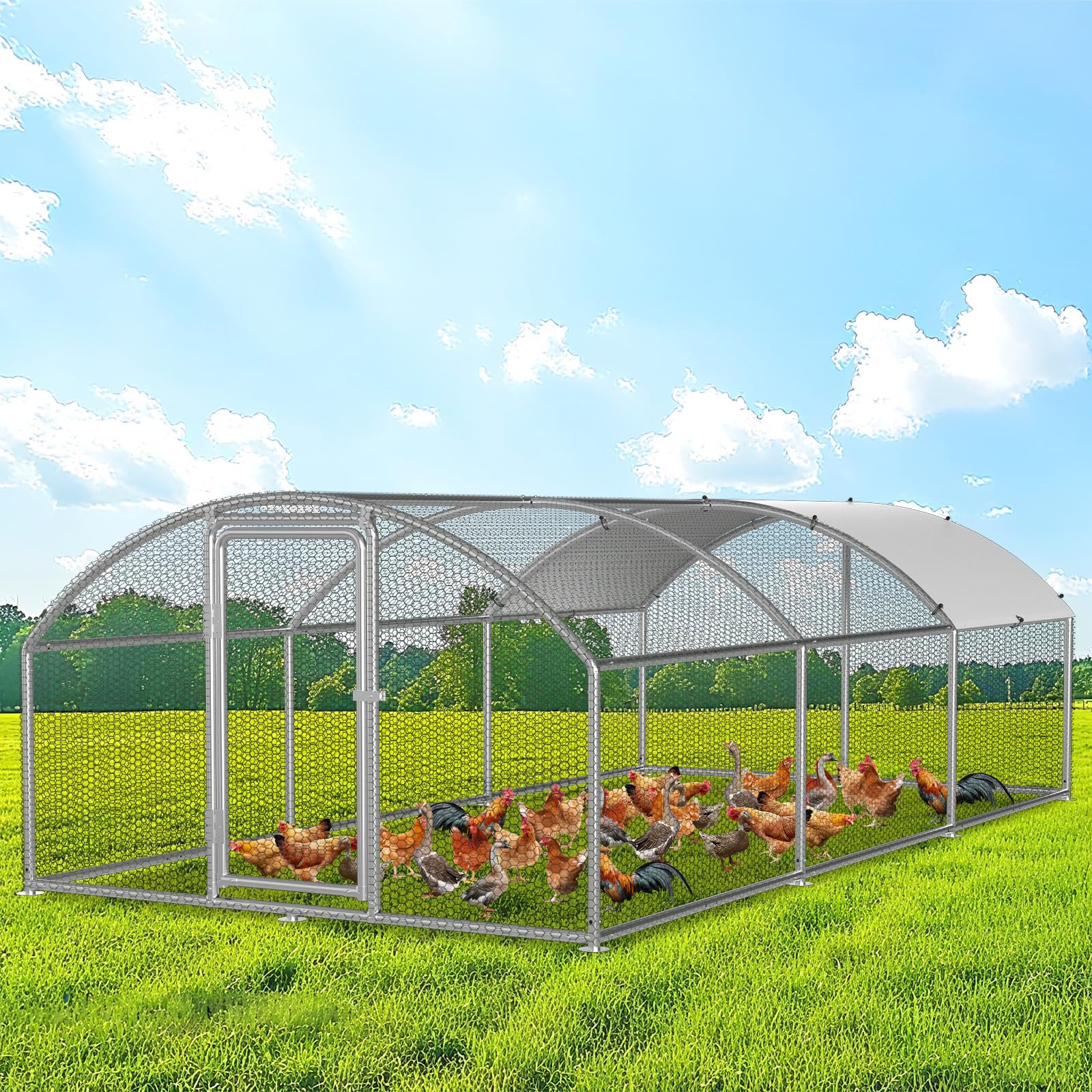 Fogmiea Hühnerstall Freilaufgehege,Freilaufgehege Kaninchen Verzinktem Stahl,Outdoor Hühnerhaus Dome Roof mit Schloss und Wasserdichtes PE Gewebe, für Hühner, Kleintiere & Pflanzen (3x6x2m)