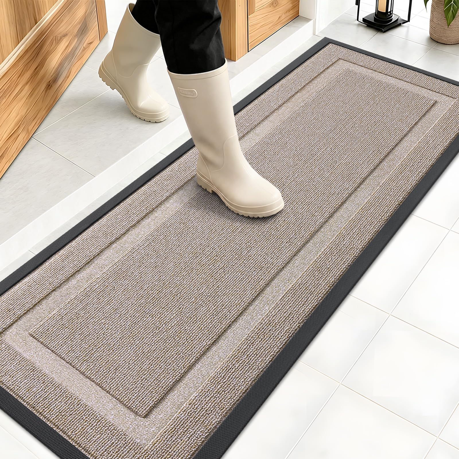 OLANLY Front Door Mat Outside 47x17, All-Season Heavy-Duty Rubber Doormat | Camel, Absorbent, Stain and Fade Resistant, Waterproof Non-Slip Backing, Low-Profile Indoor Outdoor Floor Mat for Entryway