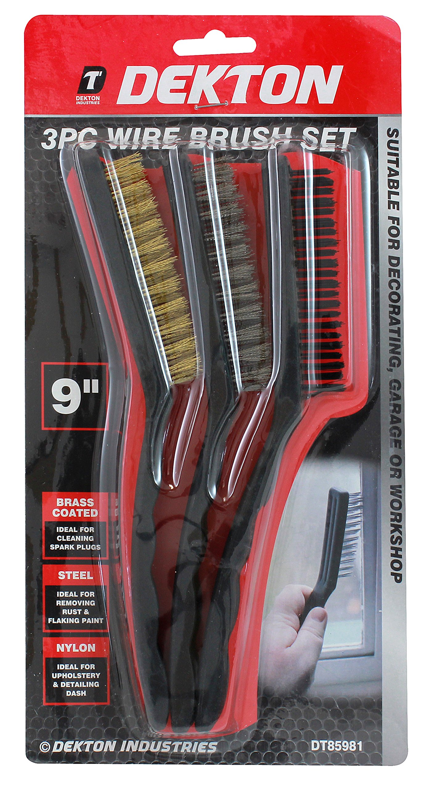 Dekton 3PC Wire Brush Set | Includes 3 x 9-Inch Wire Detailing Brushes | Brass Coated for Spark Plugs | Steel for Rust & Paint Removal | Nylon for Upholstery & Detailing | Versatile