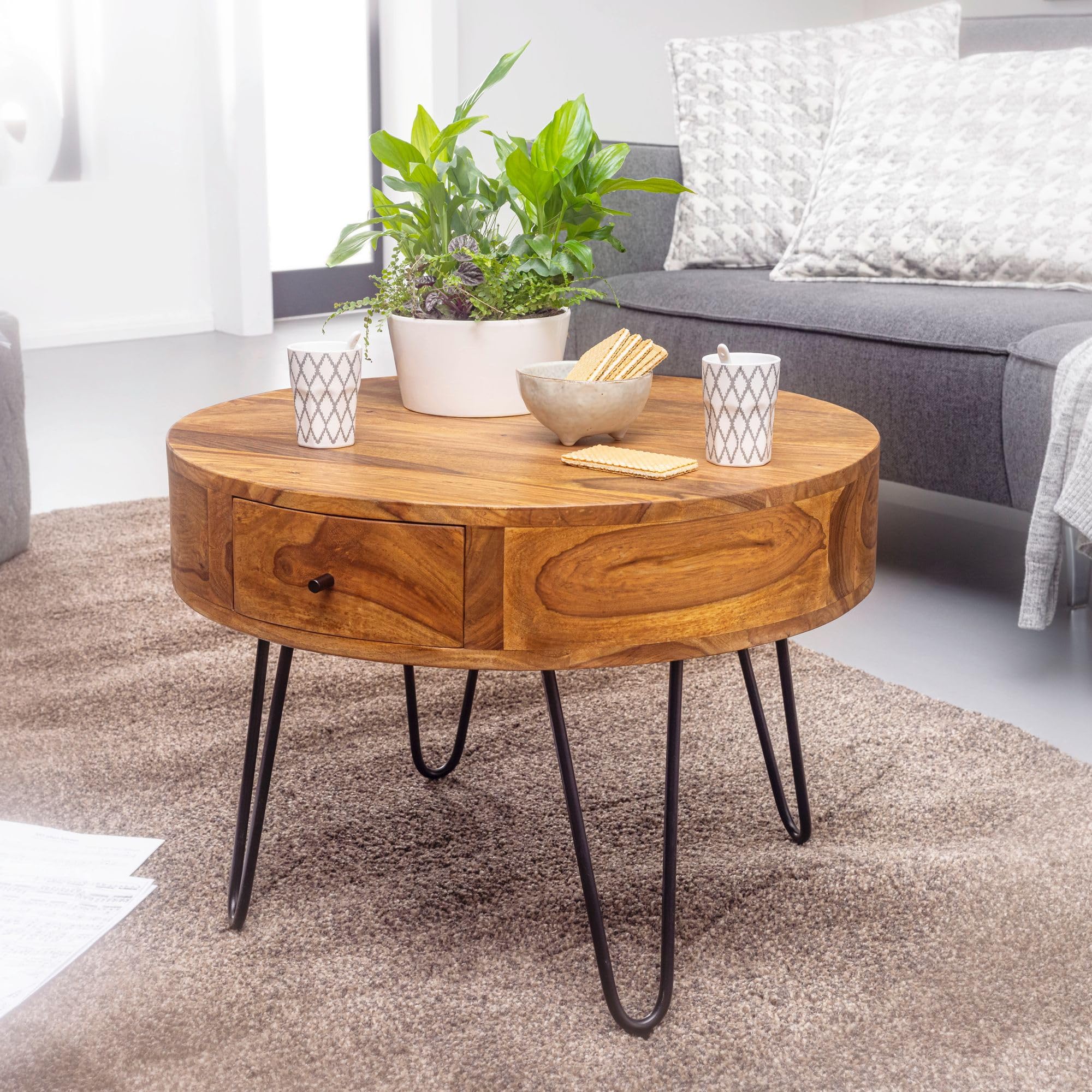 FineBuy Mesa de Centro Redonda Moderna 60x60x44,5 cm Madera Maciza de Sheesham | Mesa Auxiliar con cajones para Salón | Mesita Café Pequeña para Sofá