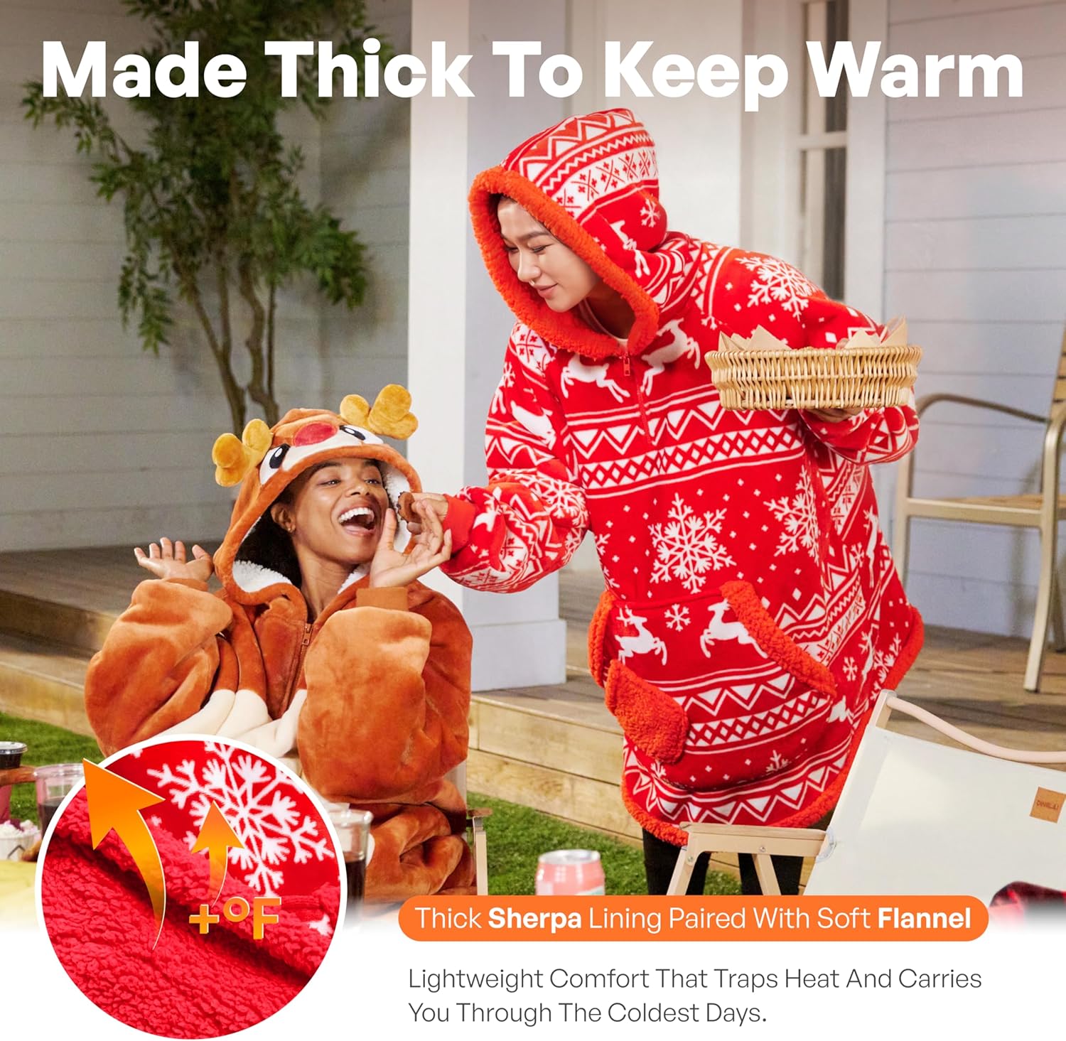 Giggling Getup Wearable Blanket Hoodie for Adults Gifts for Teen Girls Sister Women Sherpa Fleece Printed Hooded Blanket Sweatshirt Warm Cozy with Pocket & Sleeves Red Christmas Reindeer - Image 2