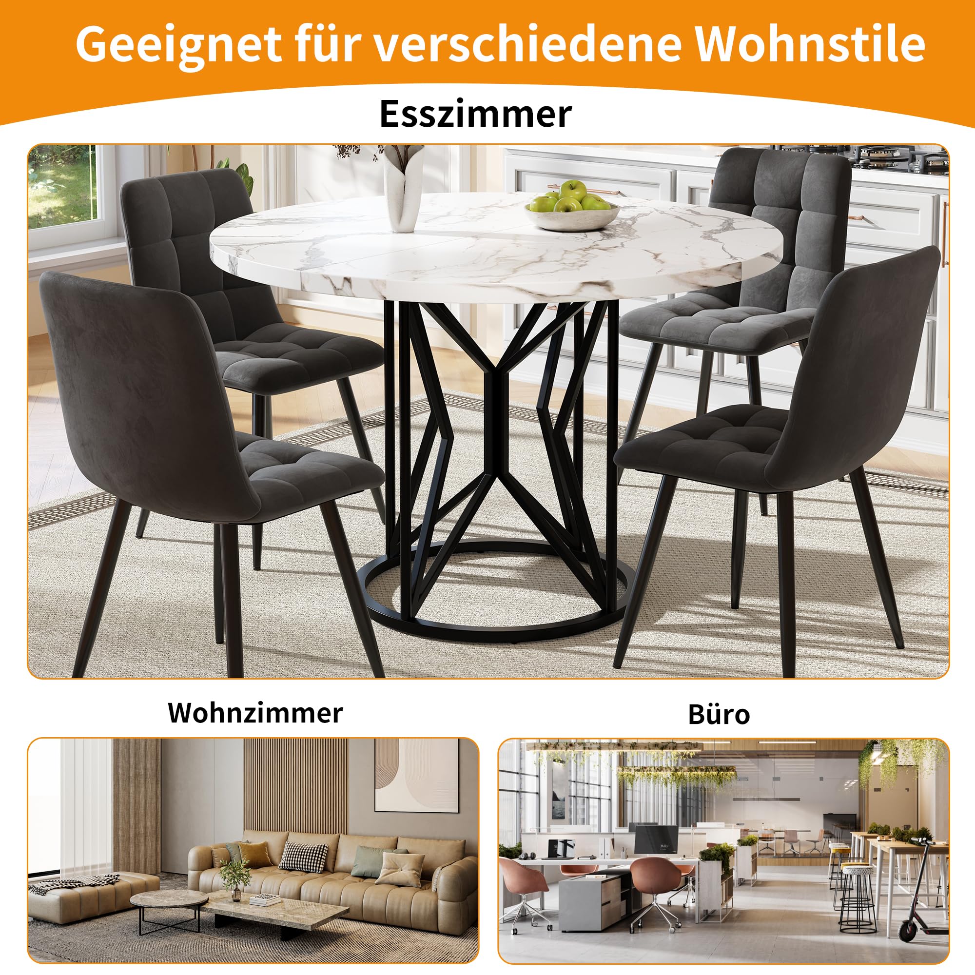 Okrągły stół do jadalni 100 x 100 x 76 cm dla 4-6 osób marmurowy blat z metalowymi nogami geometryczny design nowoczesny stół środkowy do jadalni salonu kuchni - czarny 1101