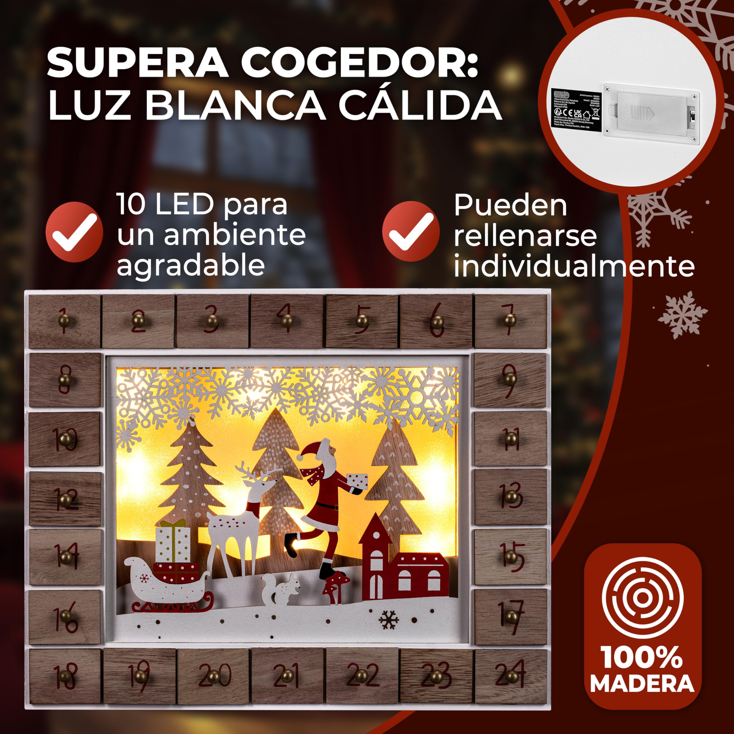 Spielwerk® Calendario de Adviento Madera Navidad Luces LED 24 Cajones Adorno para Rellenar Decoración Navideña 2025