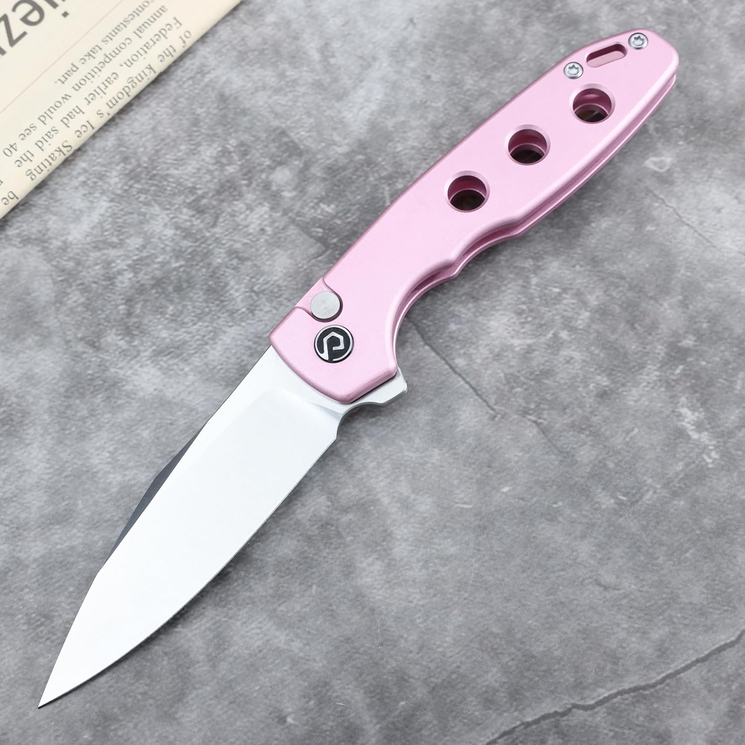 DEFCON Pocket Folding Knife- Button Lock with Thumb Stud Opener for EDC, 3.3" 14C28N Blade, Aluninum Handle, Utility Knife for Men Women Gift -TD016 Ghost- (Pink)