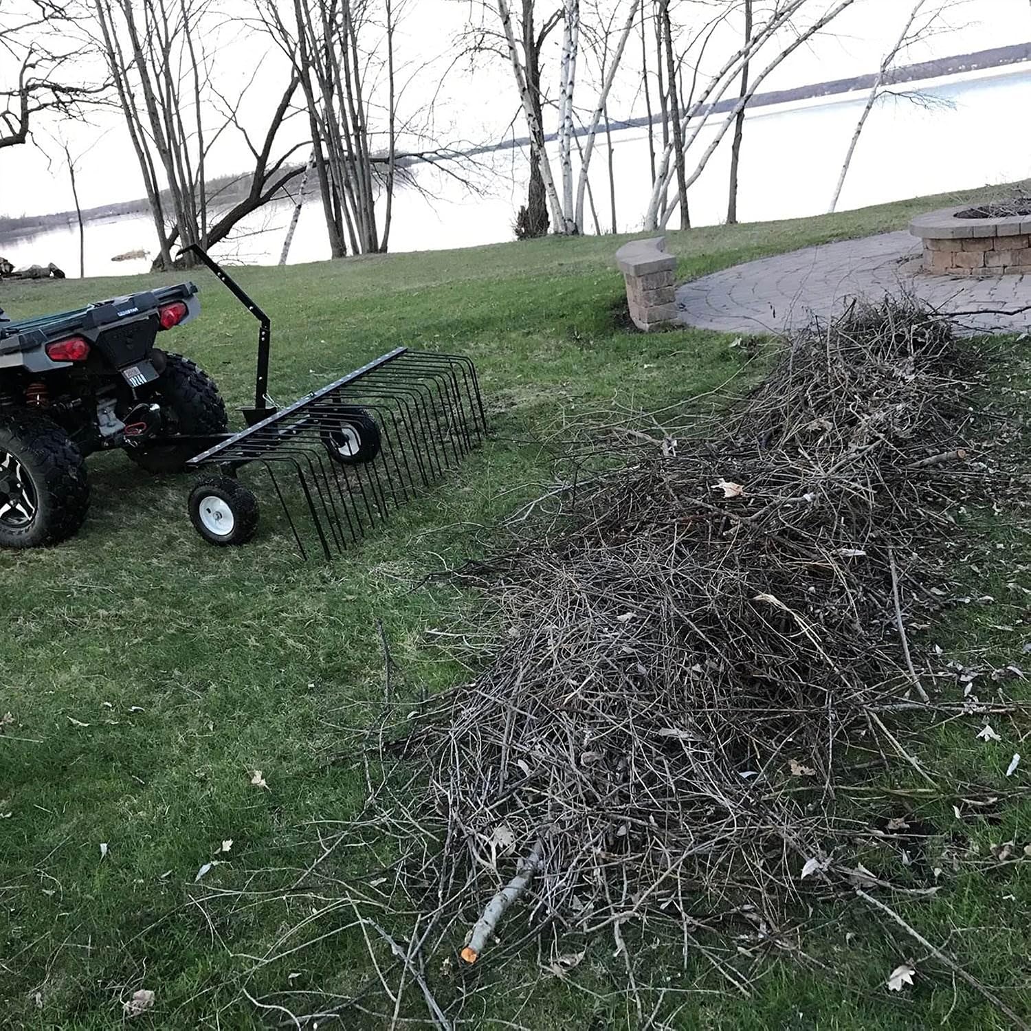 Yard Tuff 60 Inch ATV Tow Behind Durable Corrosion Resistant Steel Landscape Rake with 12 Inch Wheels and Lift Handle for Pine, Straw, Leaves, & Grass