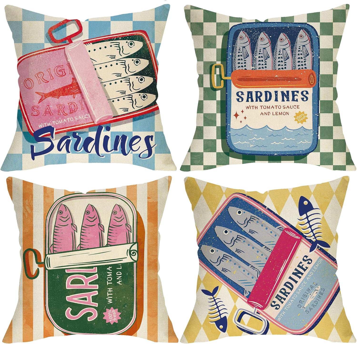 Sardines Can Decorative Throw Pillow Covers 16 x 16 Set of 4, Beach Coastal Fish Fisherman Aesthetic Porch Outdoor Home Decor, Retro Nautical Plaid Stripes Argyle Sofa Couch Cushion Case