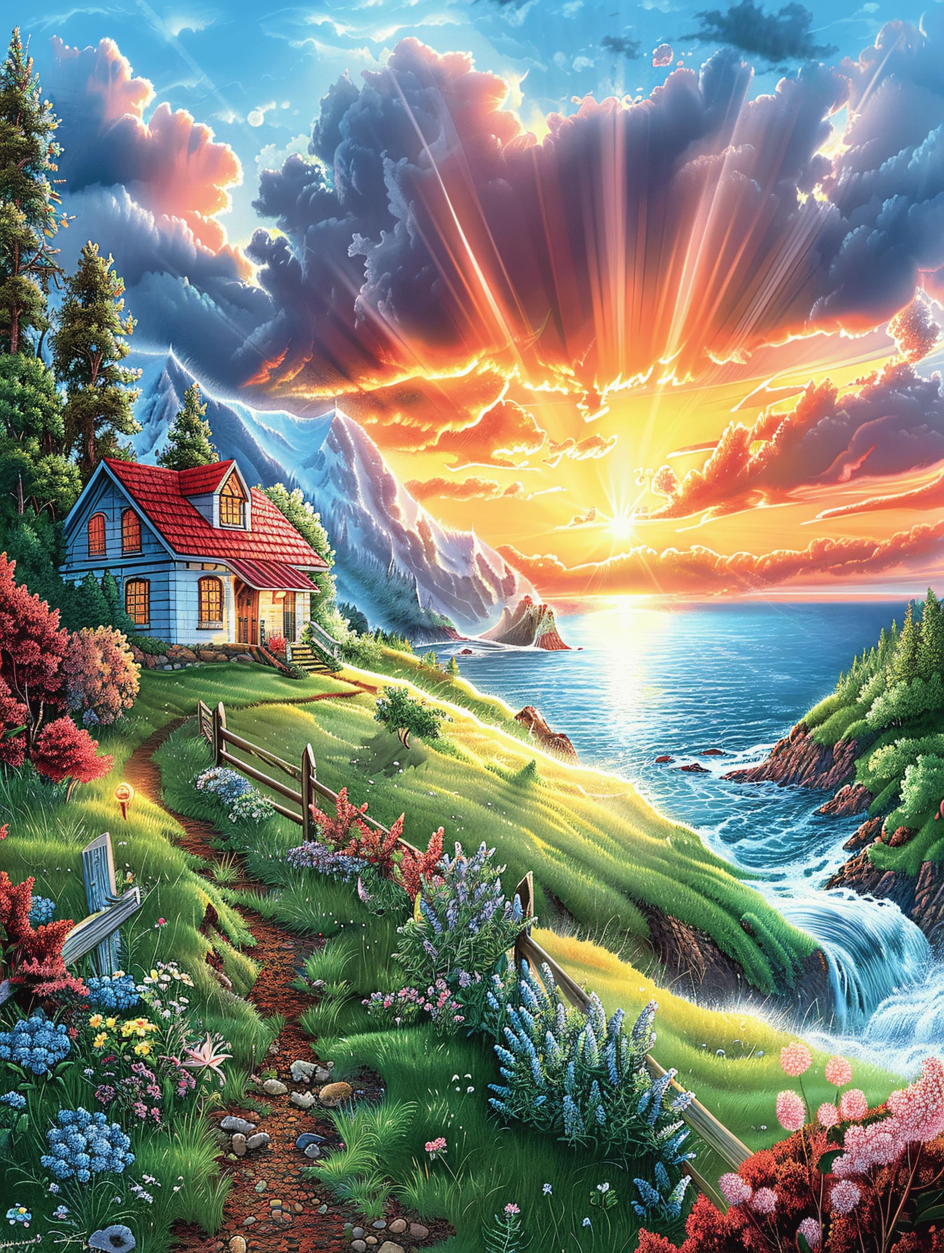 Sunset Coastal Landscape 500 Pc Classic Jigsaw Puzzle Wild Animals Fantasy Fairy Tale Puzzle for Adults Hard Challenging Hobby Home Decor Poster High-grade Rigid Cardboard 500 PCS