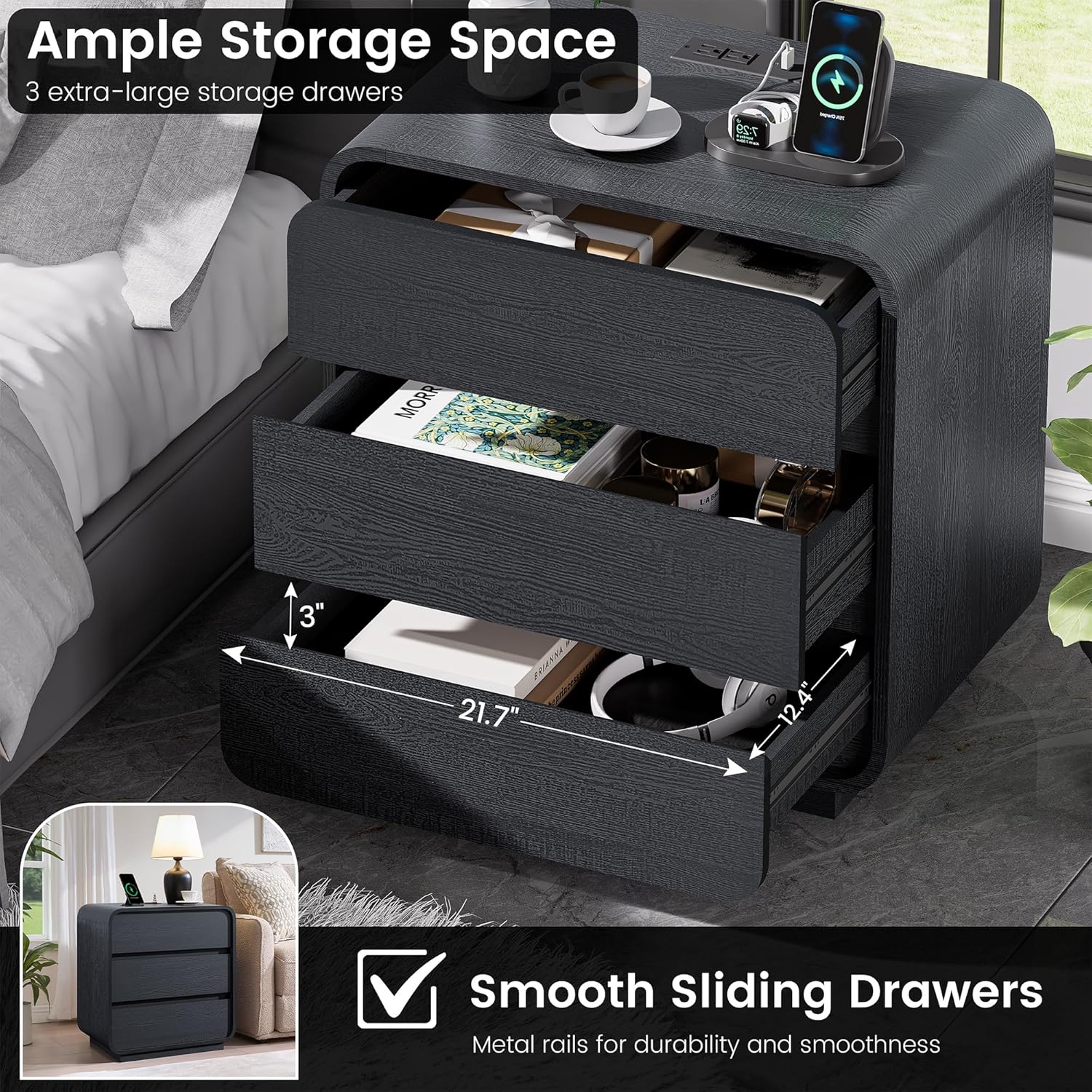 Modern Black Nightstand with Charging Station, 25" Tall Wood Bedside Table, End Table with 3 Storage Drawers, Curved Profile Night Stand for Bedroom, Dorm, Sofa, Office
