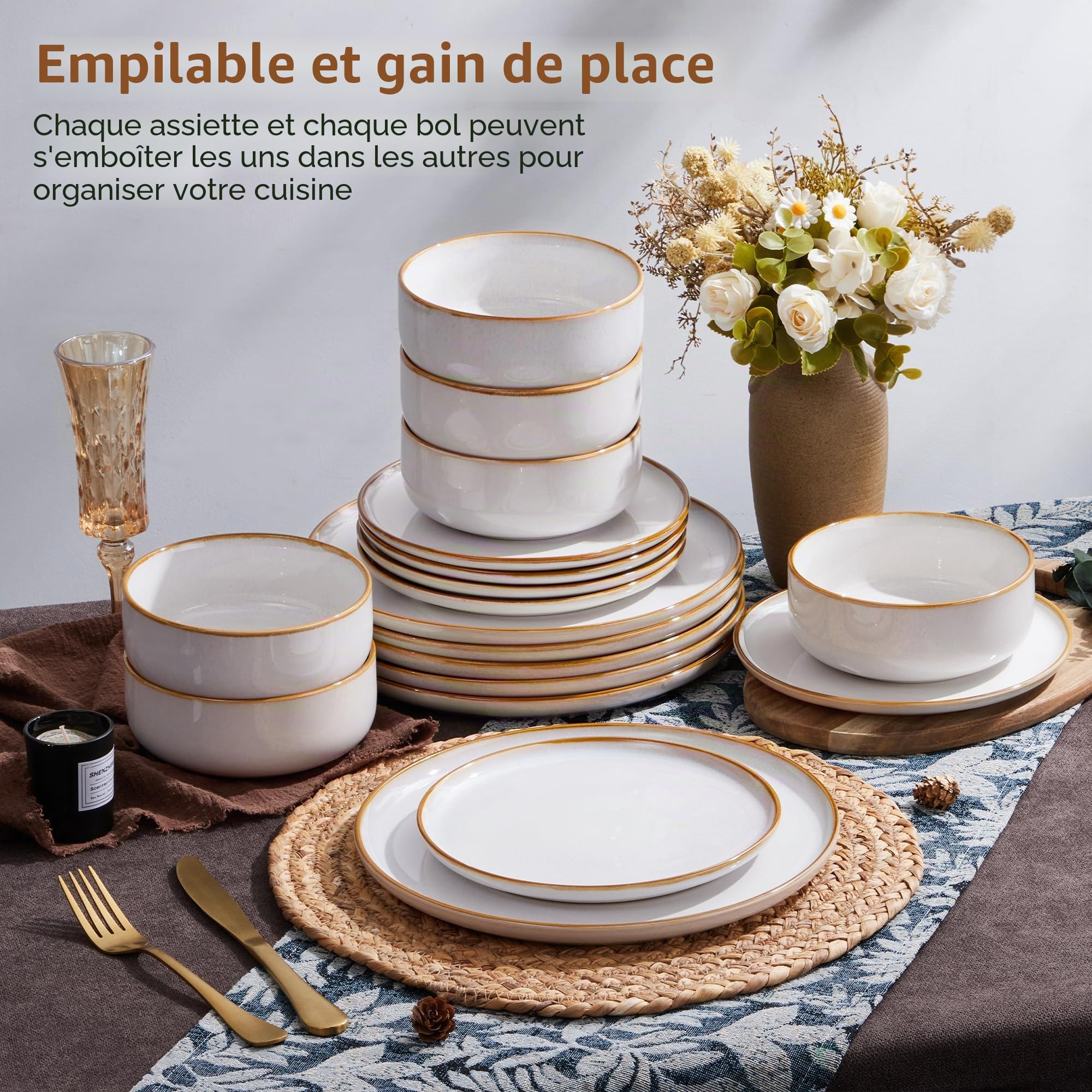 Service de vaisselle pour 6 personnes, Onader Service de table 18 pièces en grès combiné, 6 assiettes, 6 assiettes à dessert, 6 bols à céréales, résistant au lave-vaisselle – Perle Beige