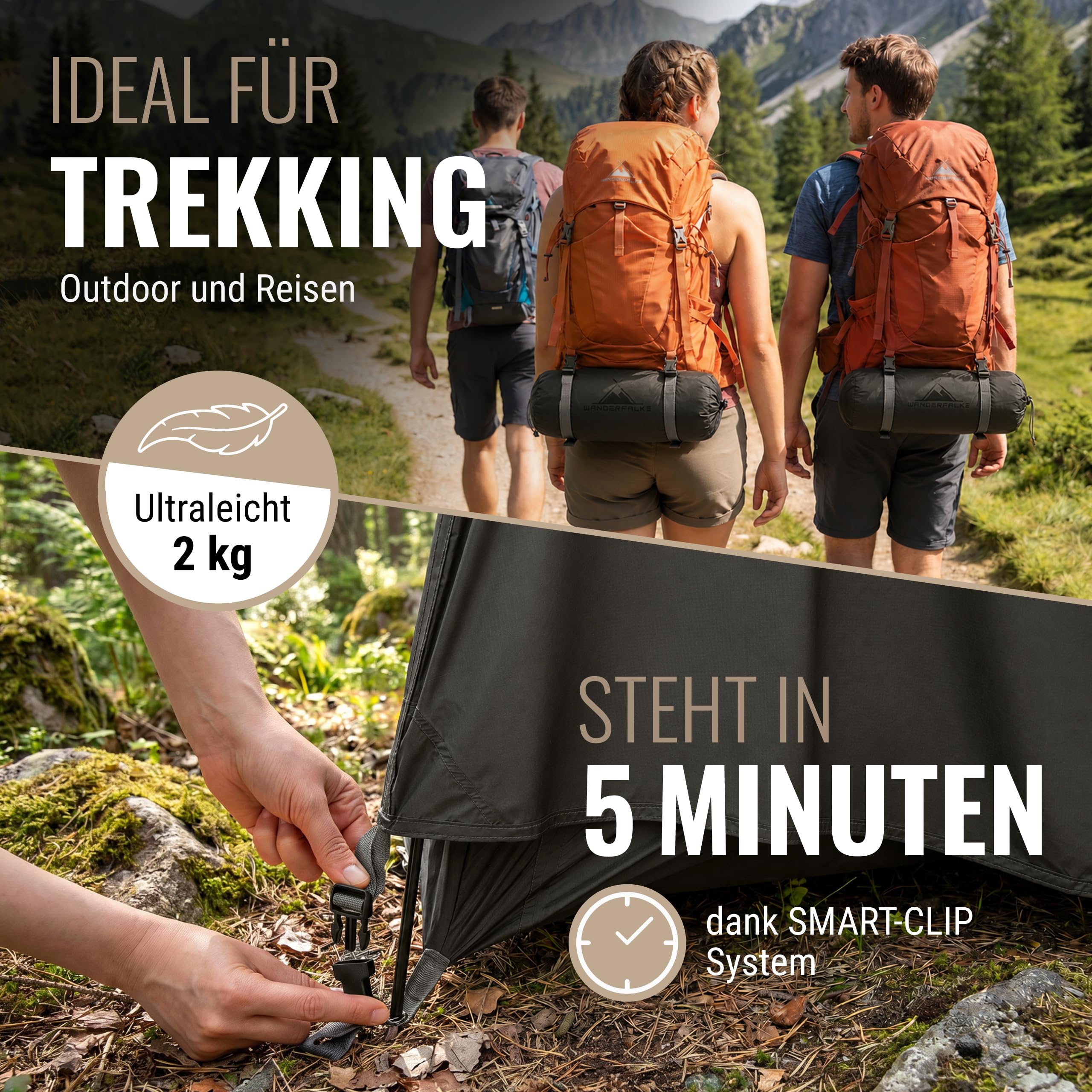 WANDERFALKE® Trail namiot dla 1-2 osób, ultralekki, mały rozmiar po złożeniu, wodoszczelny 4000 mm, lekki namiot dla 1-2 osób, namiot trekkingowy, ultralekki, lekki namiot outdoorowy na kemping
