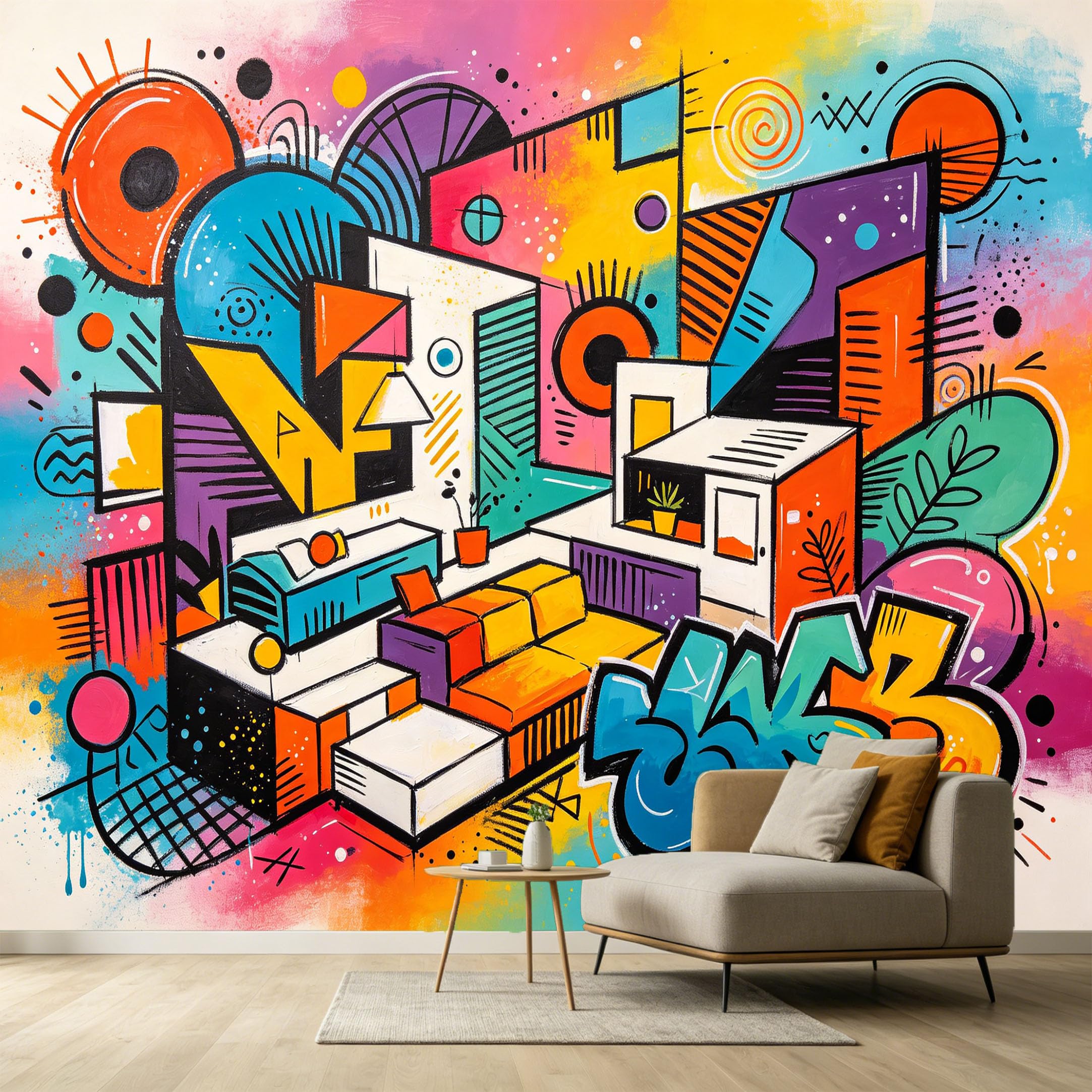 Custom Size Wall Murals Abstract Graffiti Modern Geometric Shapes Vibrant Color Blocks Street Art Style SelfAdhesive Wall Fabric Removable Large Wallpaper for Living Room