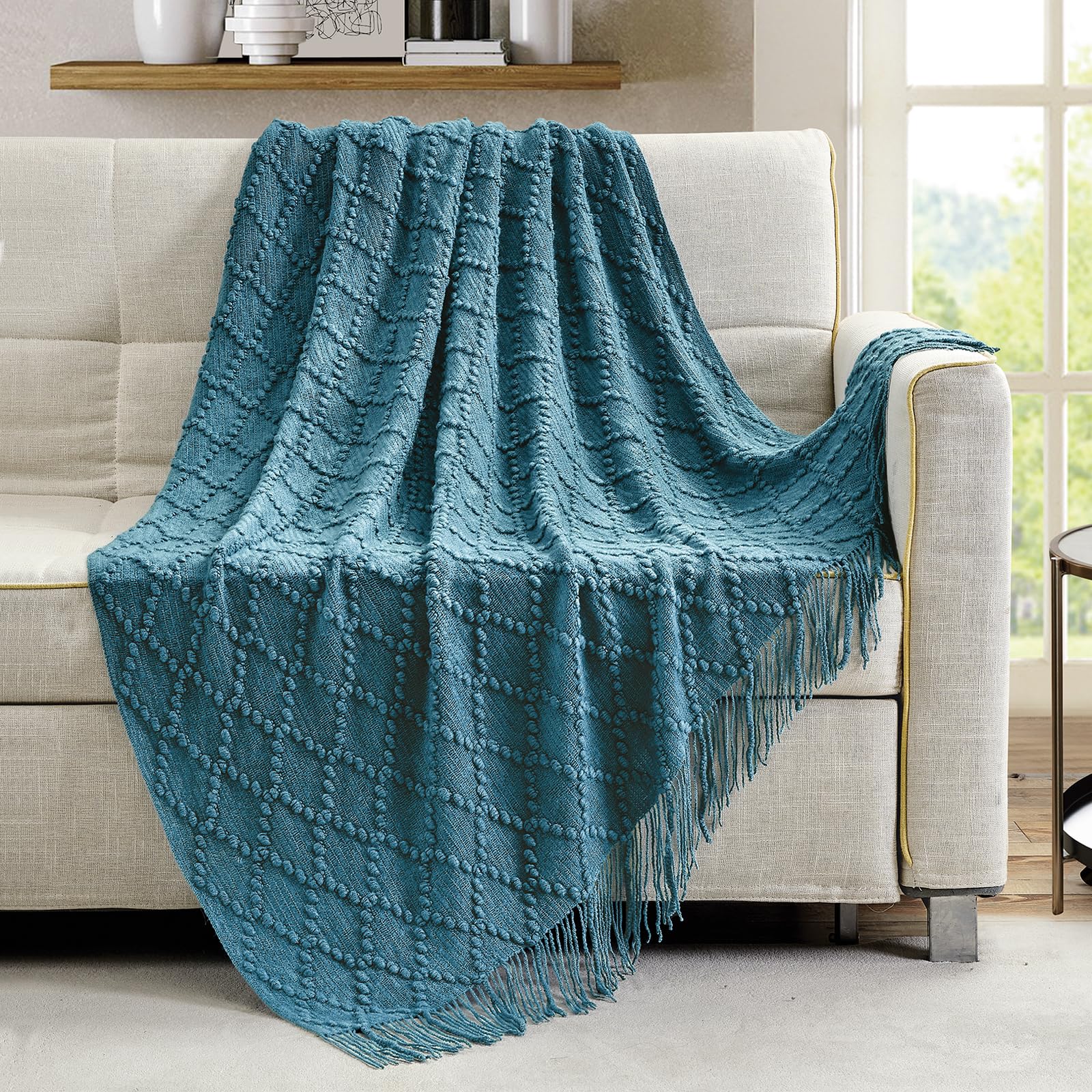 BOURINA Throw Blanket Textured Solid Soft Throws and Blankets for Sofa or Bed Knitted Decorative Blanket 127x178cm Teal - Image 2