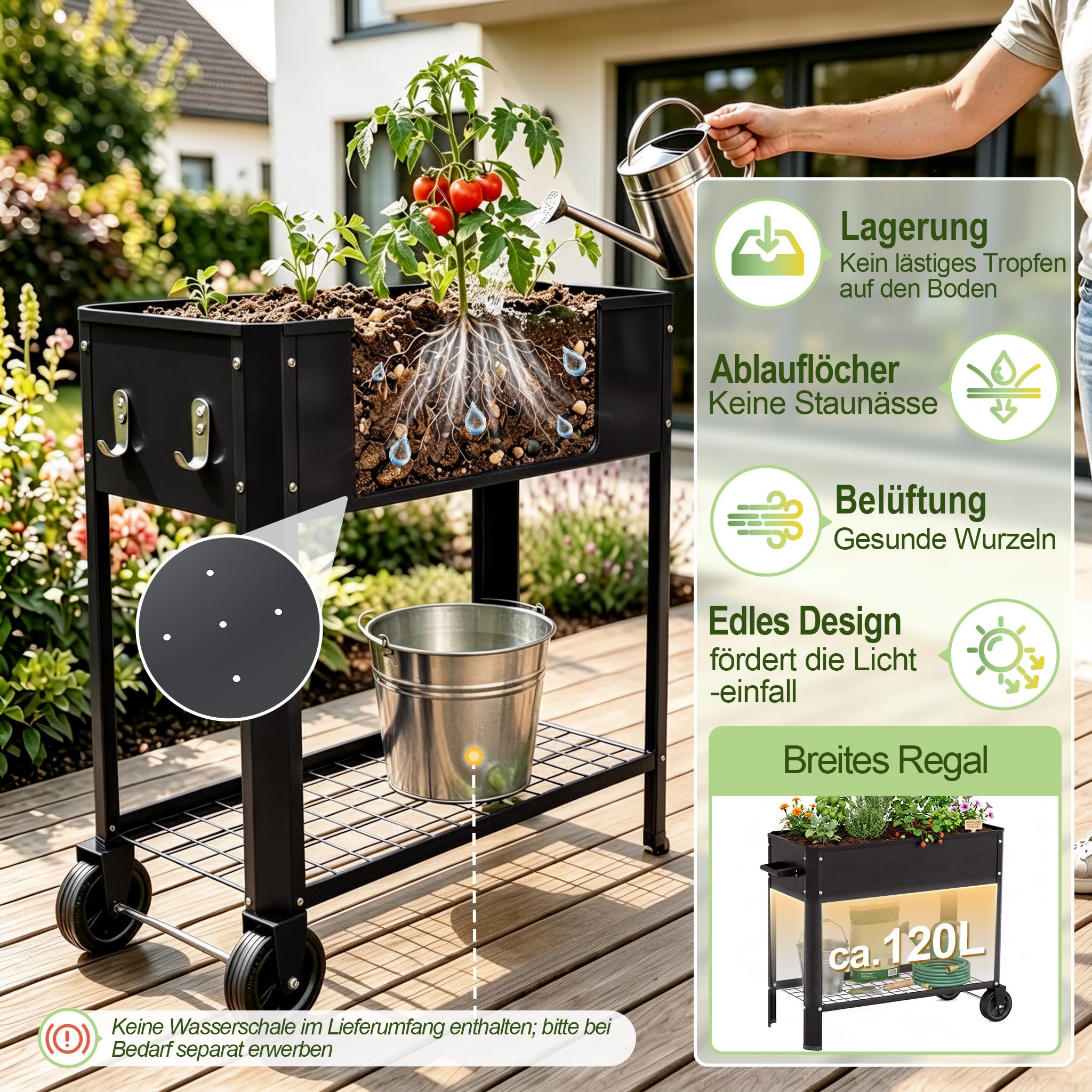 LZQ Hochbeet Metall mit Rädern & Griff, Pflanzkasten mit Ablage Gartenbeet Blumenkasten erhöht Kräuterbeet Gemüsebeet Pflanzbeet für Balkon Terrasse, verzinkt Hochbeet auf Beinen 80x35x80cm Schwarz