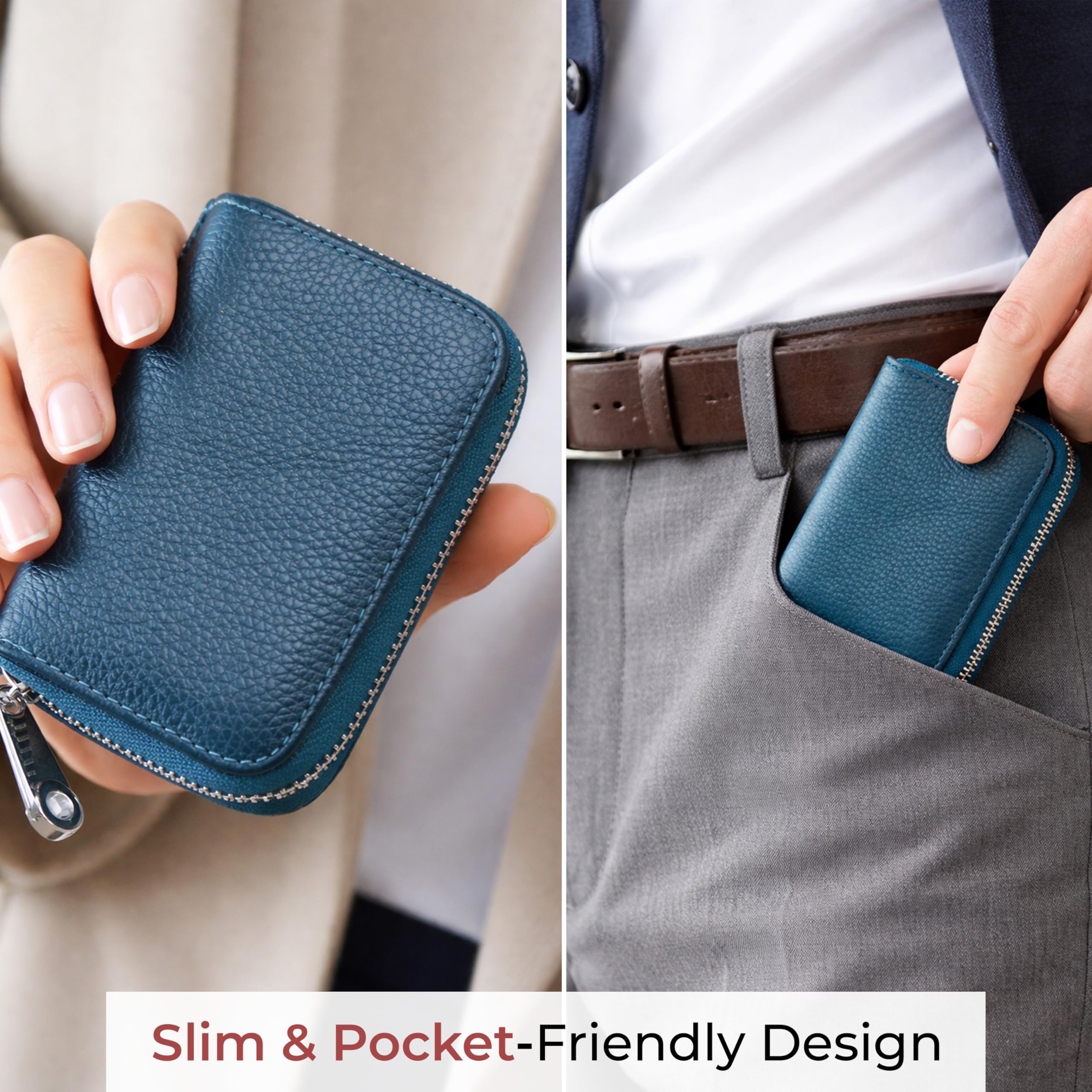 VOGARD RFID Blocking Leather Card Holder Wallet for Men & Women | 12 Card Slots, 2 Cash Pockets | Zip Around Compact Wallet | Genuine Leather Credit Card Wallet (Blue)