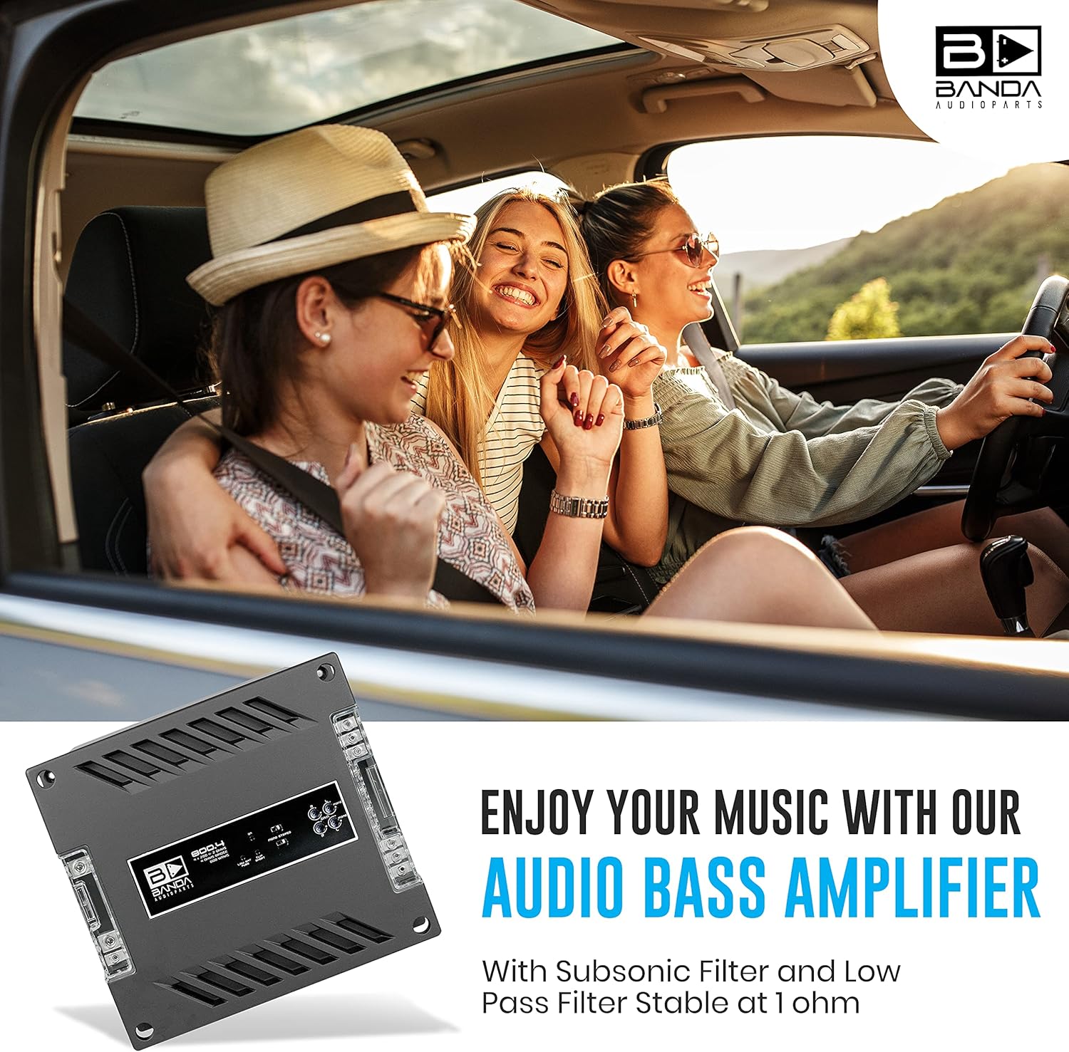 4-Channel Vehicle Audio Amplifier - 200 WRMS High-Powered Mono Amplifier w/Subsonic Filter and Low Pass Filter Stable at 1 ohm, LED Indicators, Sound Specialization - Banda 800.41OHM