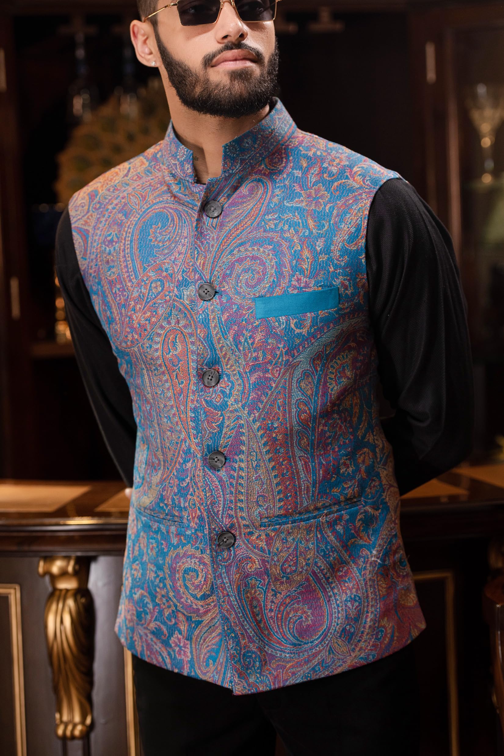 Pashtush Mens Woven Jacquard Waistcoat, Structured Slim Fit, Saphire Blue (44 - XL) 2