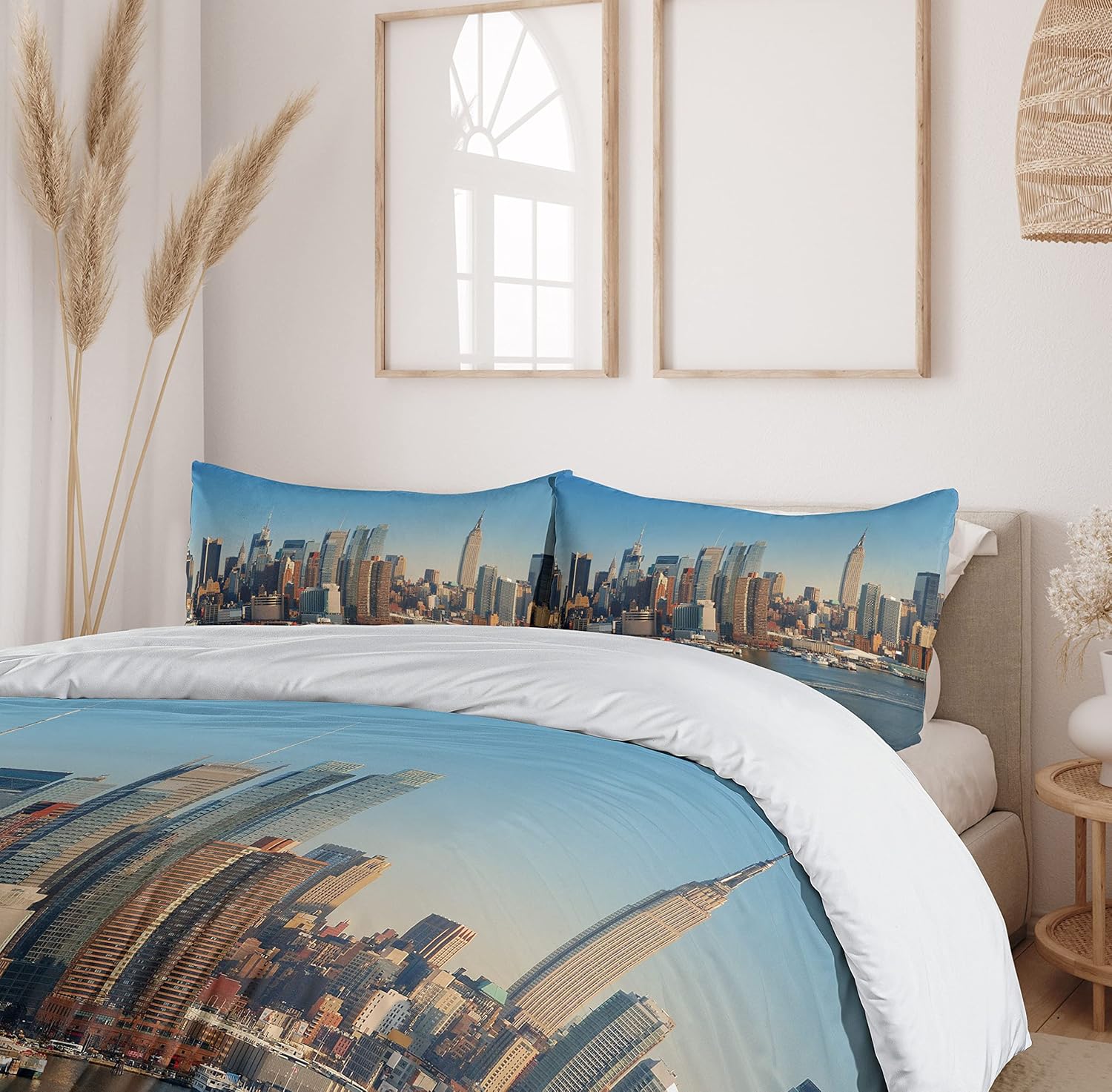 Ambesonne Urban Duvet Cover Set, New York City Skyline Over River Buildings Boats and Skyscrapers Modern Life Art, Decorative 3 Piece Bedding Set with 2 Pillow Shams, Twin Size, Brown and Blue