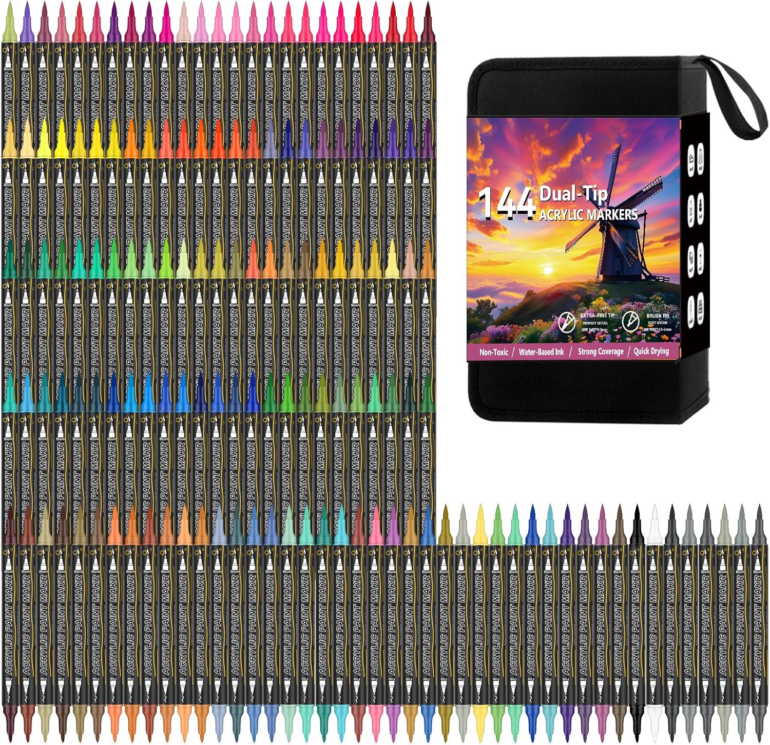144 Colors Dual Tip Acrylic Paint Markers，Waterproof, Non-Toxic, Odorless Acrylic Markers Pens，Paint Pens & Paint Markers for Rock, Wood, Glass, Stone, Canvas, Ceramic, Fabric and Paper Painting