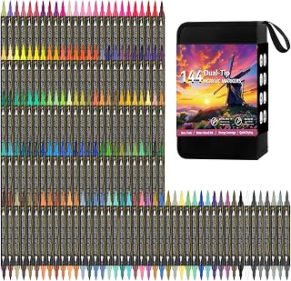 144 Colors Dual Tip Acrylic Paint Markers,Waterproof, Non-Toxic, Odorless Acrylic Markers Pens,Paint Pens & Paint Markers for Rock, Wood, Glass, Stone, Canvas, Ceramic, Fabric and Paper Painting