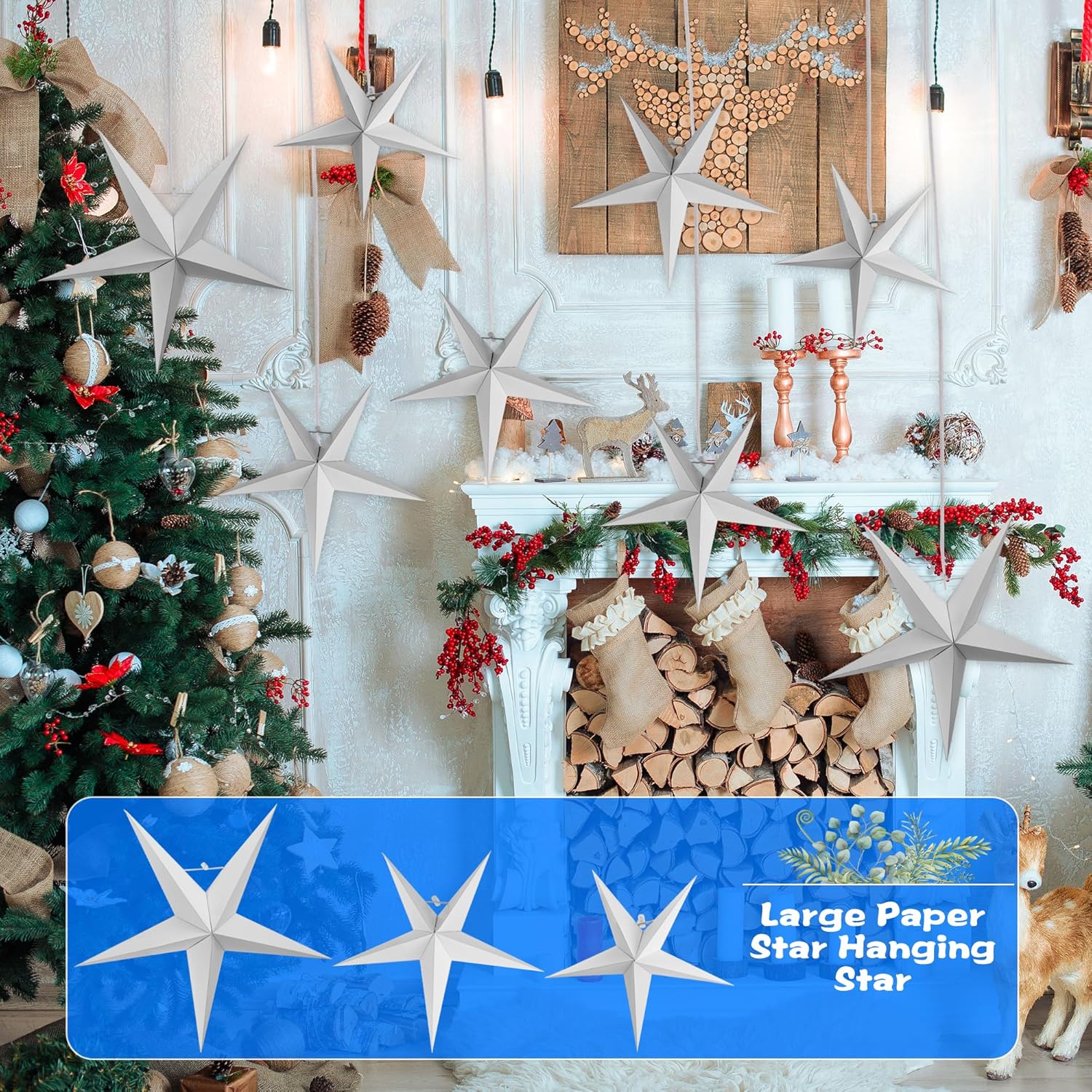 12 Pieces 18 Inch/ 12 Inch/ 10 Inch 3D Paper Stars White Hanging 5 Pointed Paper Star Lanterns Decorations for Wedding Christmas Birthday Party Supplies Home Decor, 3 Size