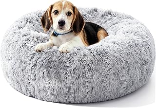 Dwanton Orthopedic Small Donut Dog Bed & Cat Bed, Gel Memory Foam, 24" | Calming Egg-Crate Foam, Fluffy Soft Faux Fur Round Pet Bed, Anti-Anxiety, All-Removable Washable Cover＆Non-Slip, Light Grey
