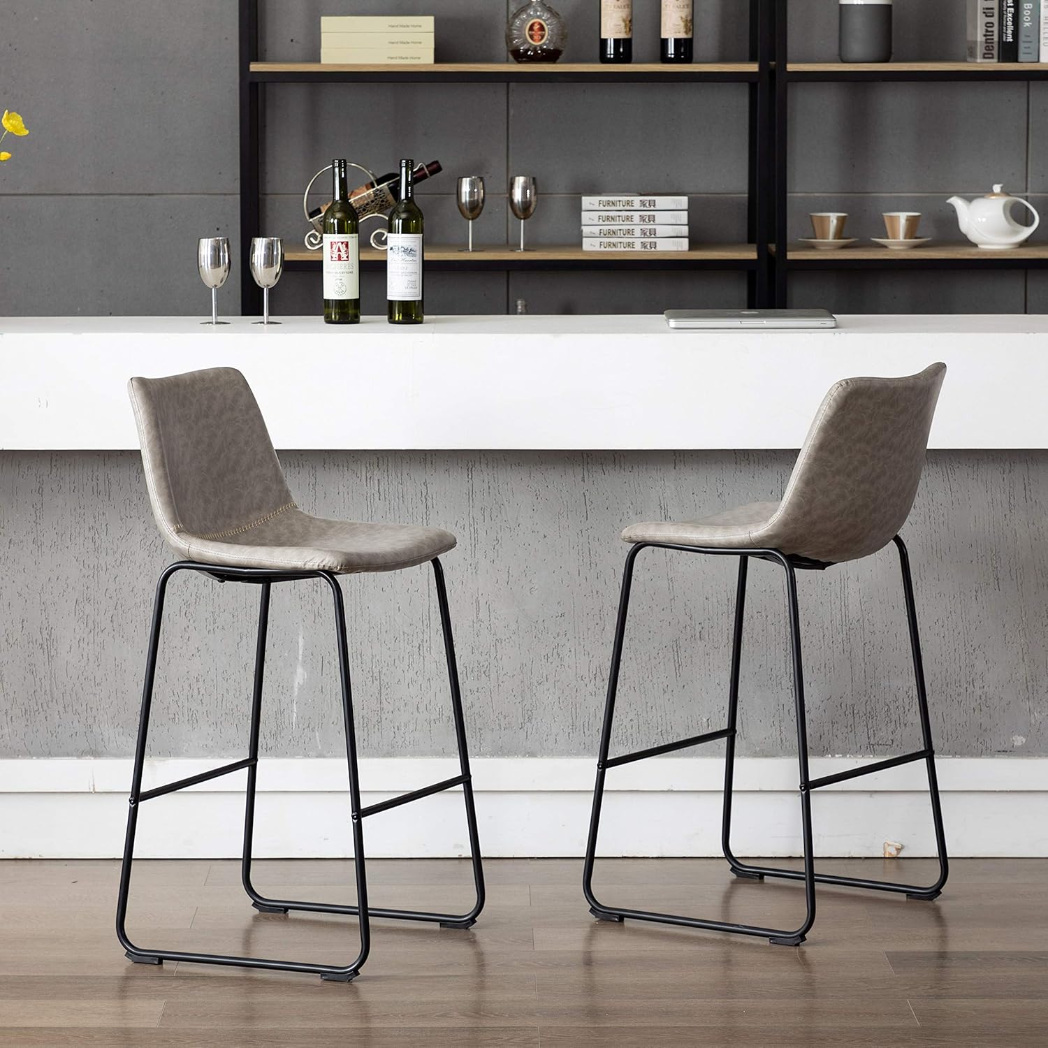 Vanity Art Set of 2 Pcs Synthetic Leather Upholstered Barstools Armless Dining Chairs with Metal Legs (Gray) UC-13HG