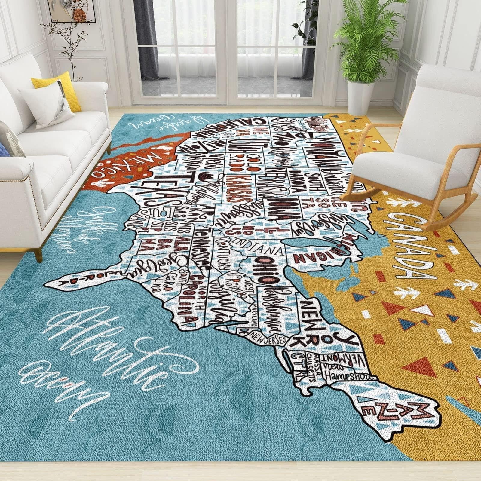 World Map Dinosaur Animals Area Rugs, United States Map America Travel Indoor Non-Slip Kids Rug, for Living Room Bedroom Kitchen Dining Room Home