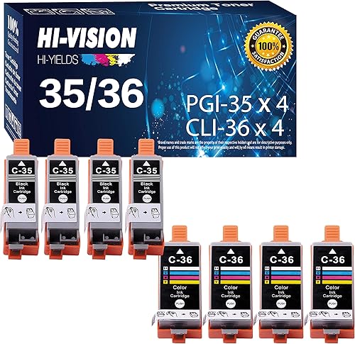 HI-VISION HI-YIELDS Cartucho de tinta de pigmento PGI-35+CLI-36 compatible con 4 unidades, color negro con (4 unidades) de repuesto tricolor para