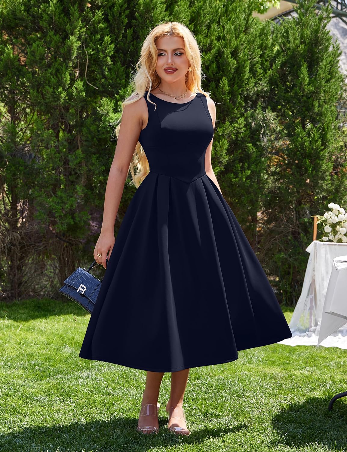 YMDUCH Women's Elegant Sleeveless Crew Neck Backless Swing A Line Evening Party Long Dress - Image 3