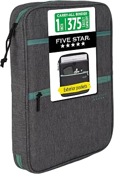 Five Star Zipper Binder, 1 Inch 3-Ring Binder with Round Rings, Carry-All with Pockets and 4-Tab Dividers, 375 Sheet Capacity, Grey/Seaglass 290920B