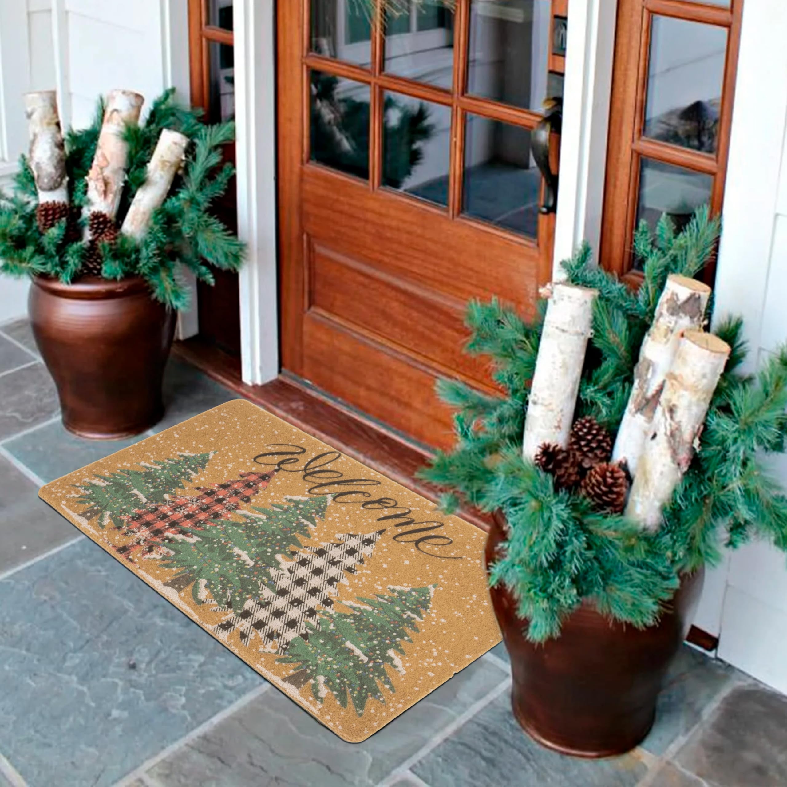 Zerbino di benvenuto natalizio per ingresso esterno – porta anteriore antiscivolo pini zerbino decorativo invernale 43,2 x 73,7 cm