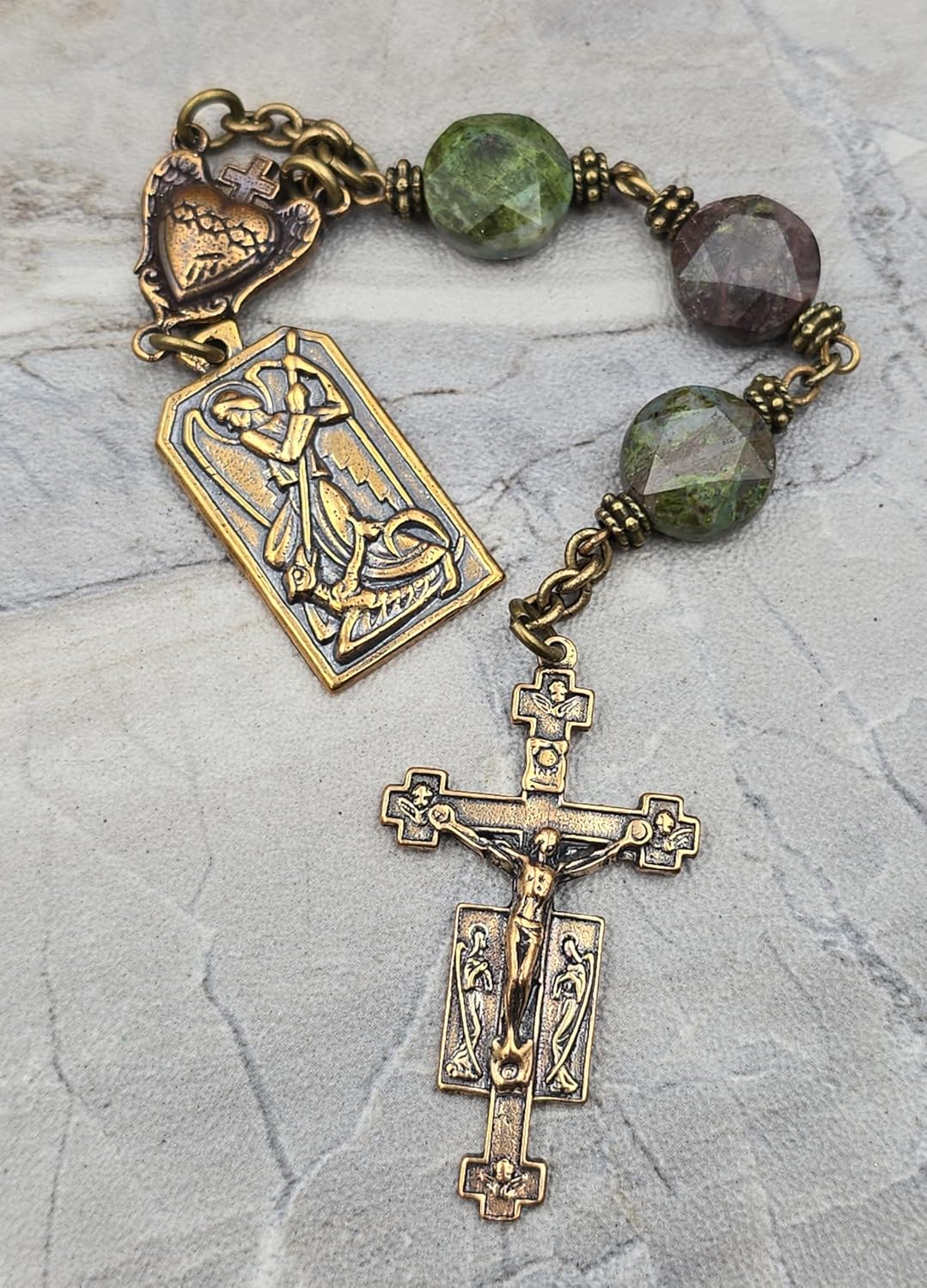 St Michael Slaying the Dragon & Sacred Heart Chaplet - Bronze| 3 Beads | Jasper