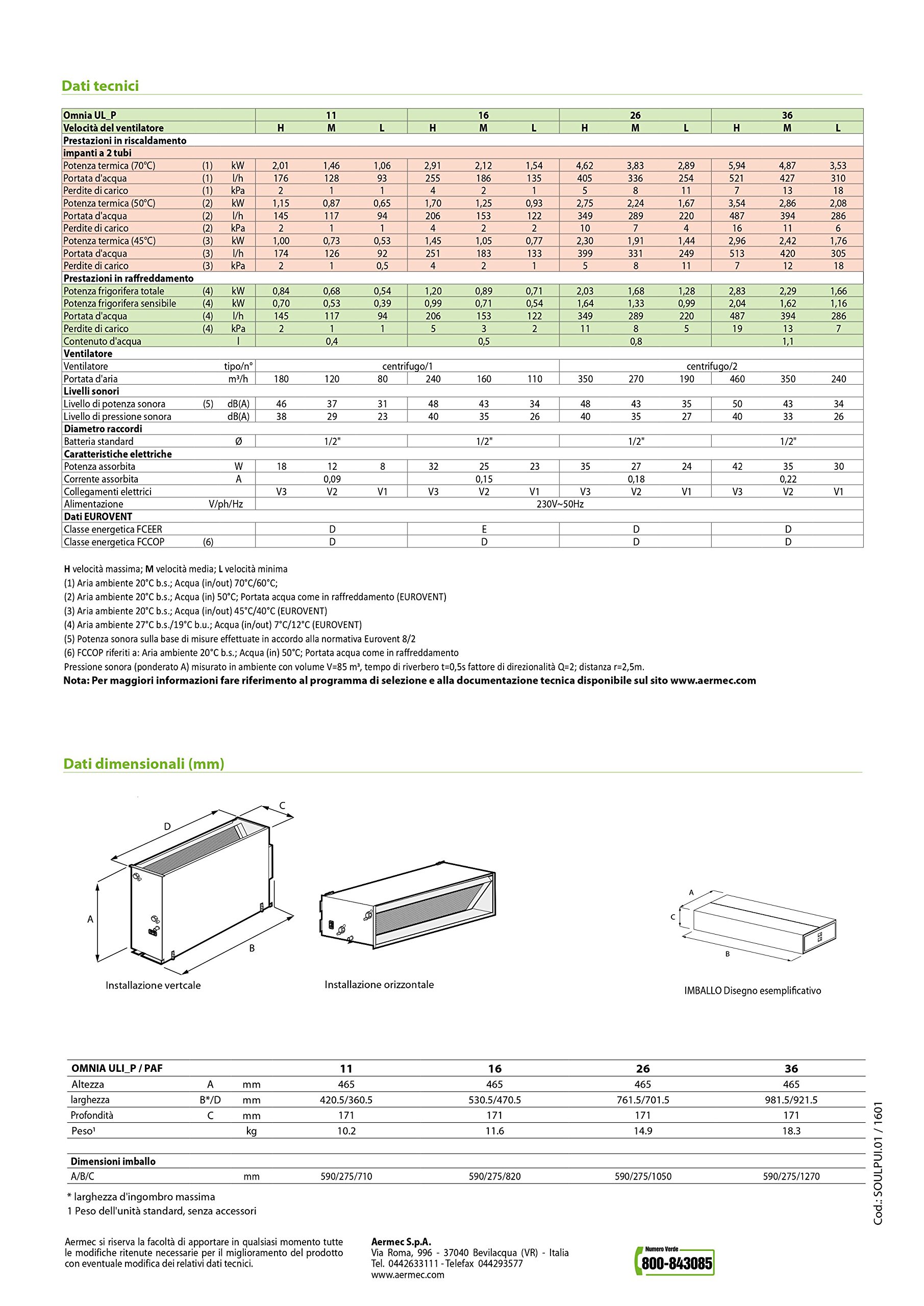 Ventilconvettore/fancoil aermec OMNIA UL 11 P
