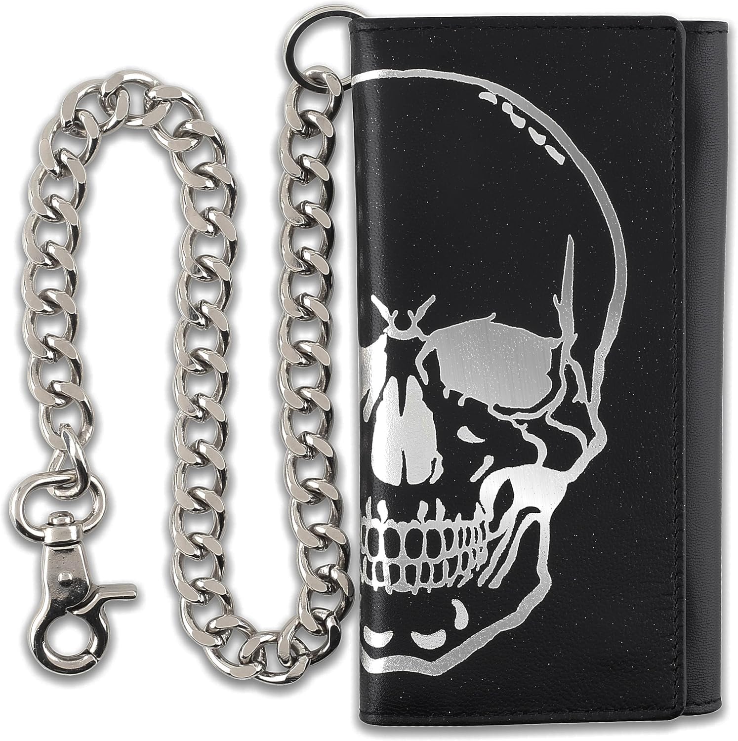 F&L CLASSIC RFID Blocking Mens Tri-fold Long Style Leather Steel Chain Wallet,black skull,212-50