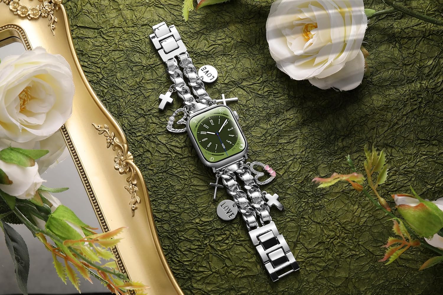 Silver Bracelet Band with Cute Charm Compatible for Apple Watch 38mm 40mm 41mm 42mm (S10) Women, Cuban Chain Strap for iWatch Series 10 9 8 7 6 5 4 3 2 SE - Image 2